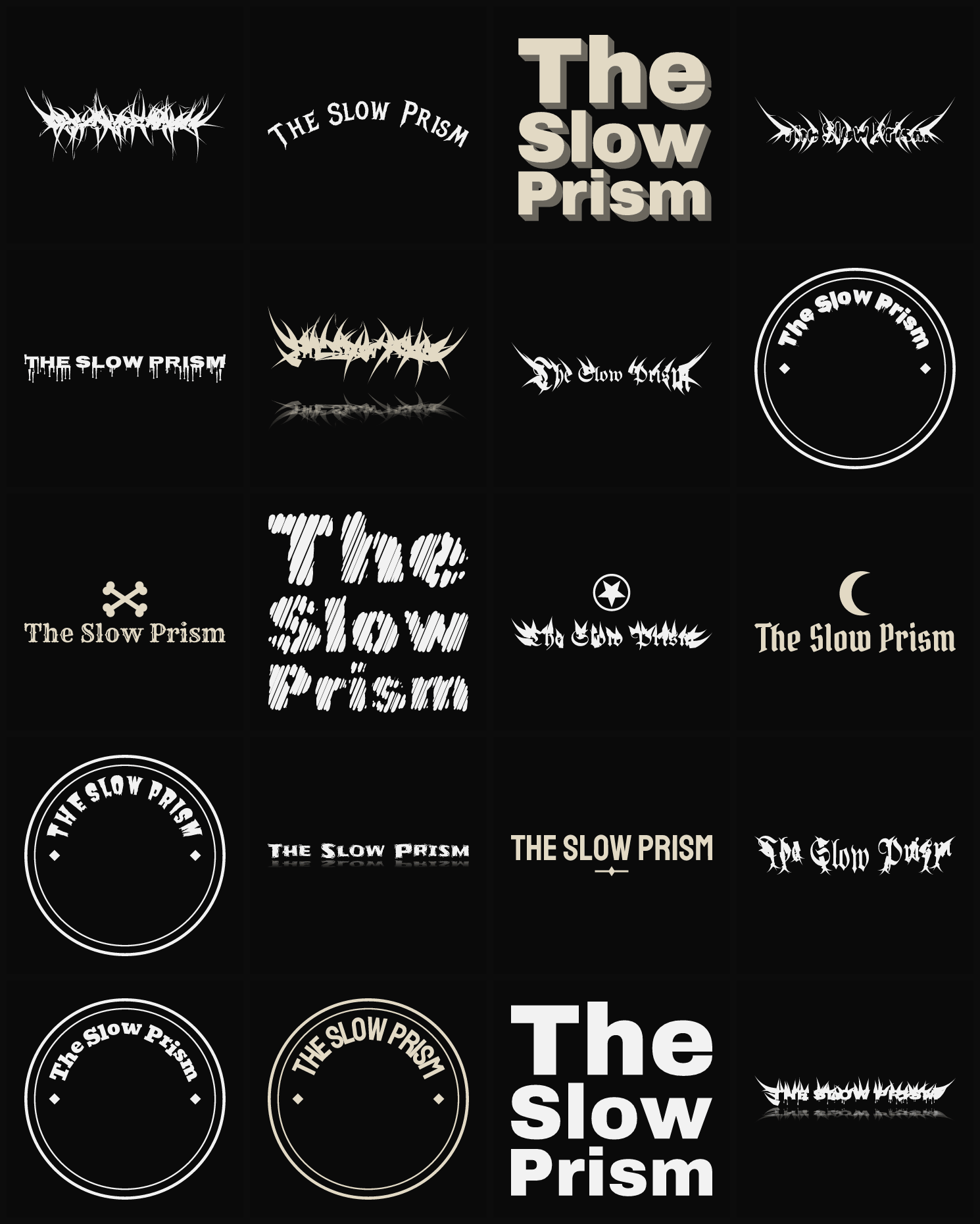 Twenty The Slow Prism band logo ideas — different faces, treatments and spike settings