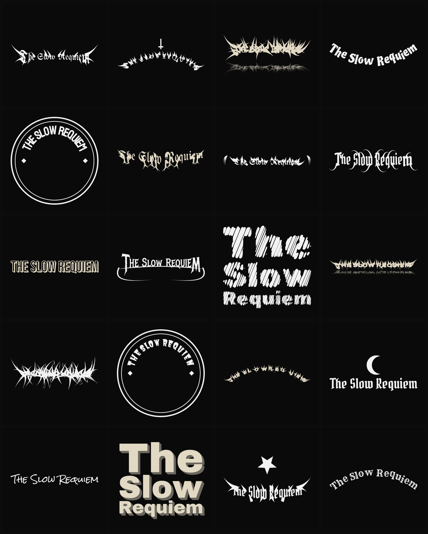 Twenty The Slow Requiem band logo ideas — different faces, treatments and spike settings