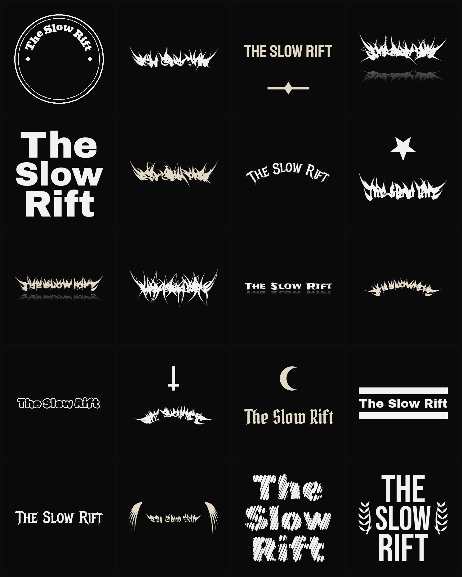 Twenty The Slow Rift band logo ideas — different faces, treatments and spike settings