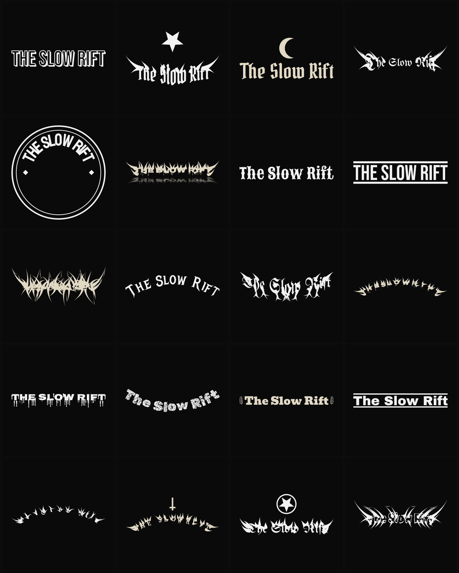 Twenty The Slow Rift band logo ideas — different faces, treatments and spike settings