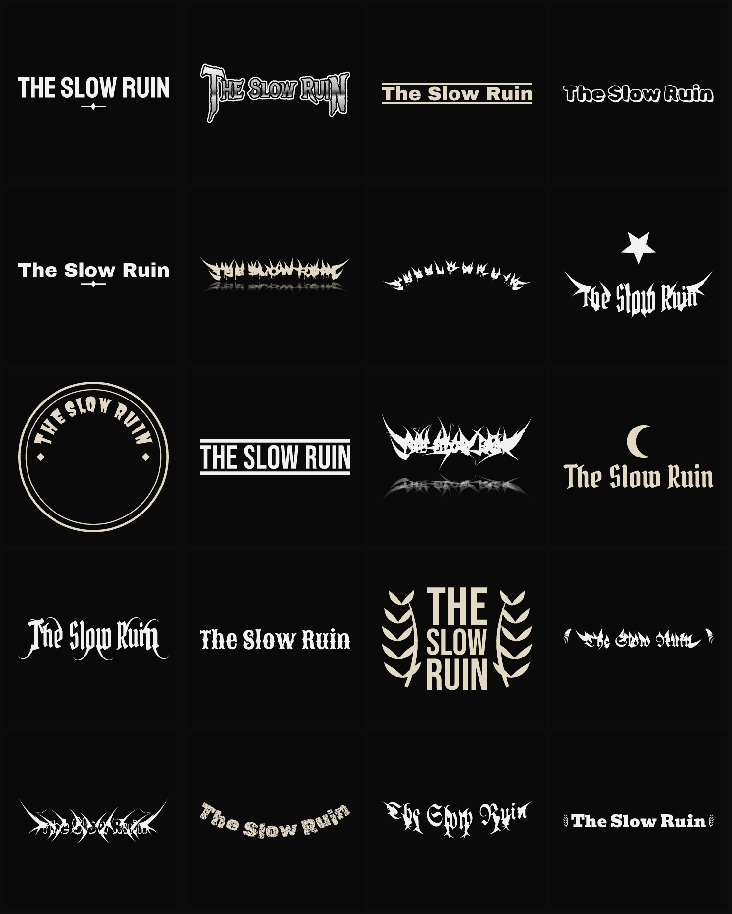 Twenty The Slow Ruin band logo ideas — different faces, treatments and spike settings