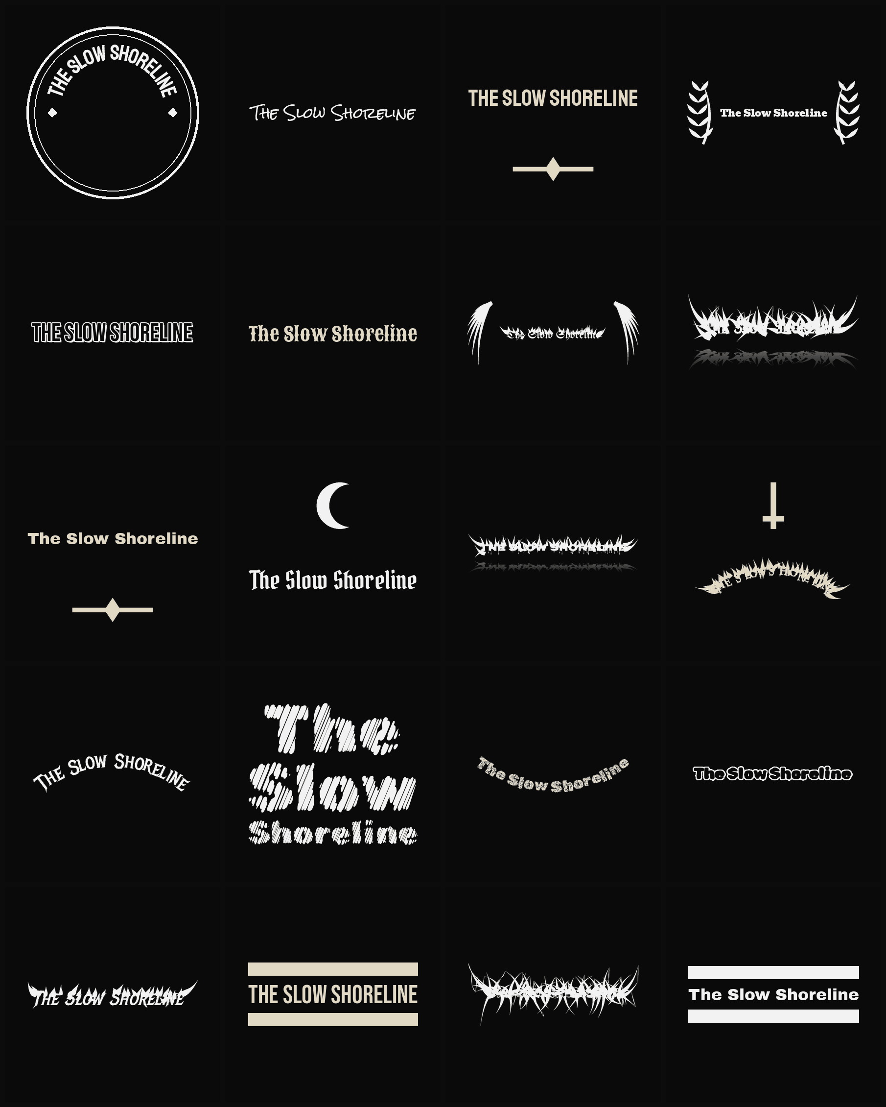 Twenty The Slow Shoreline band logo ideas — different faces, treatments and spike settings
