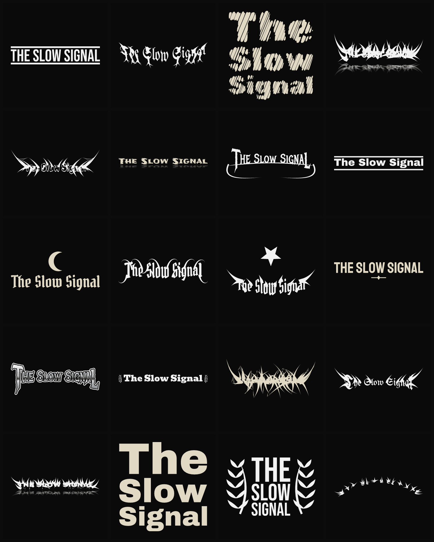 Twenty The Slow Signal band logo ideas — different faces, treatments and spike settings