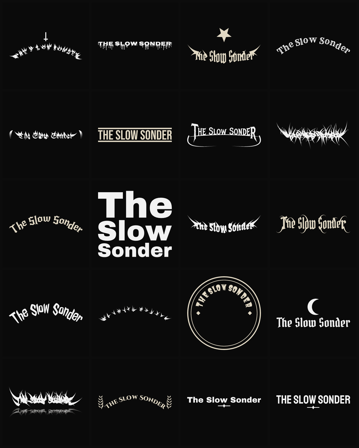 Twenty The Slow Sonder band logo ideas — different faces, treatments and spike settings