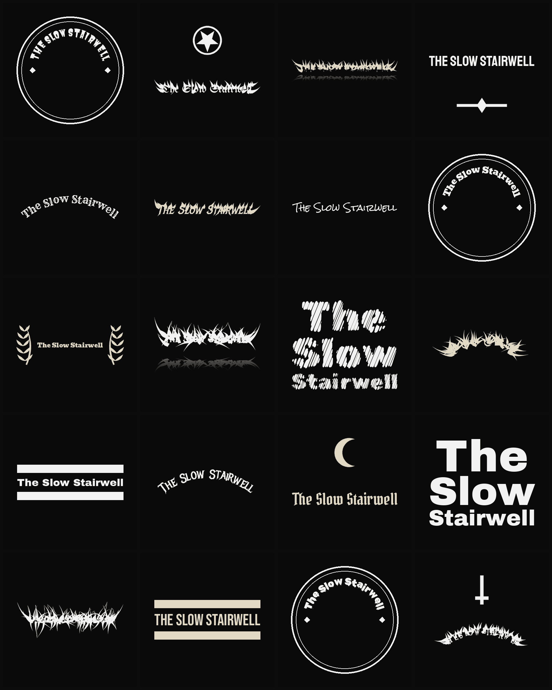 Twenty The Slow Stairwell band logo ideas — different faces, treatments and spike settings