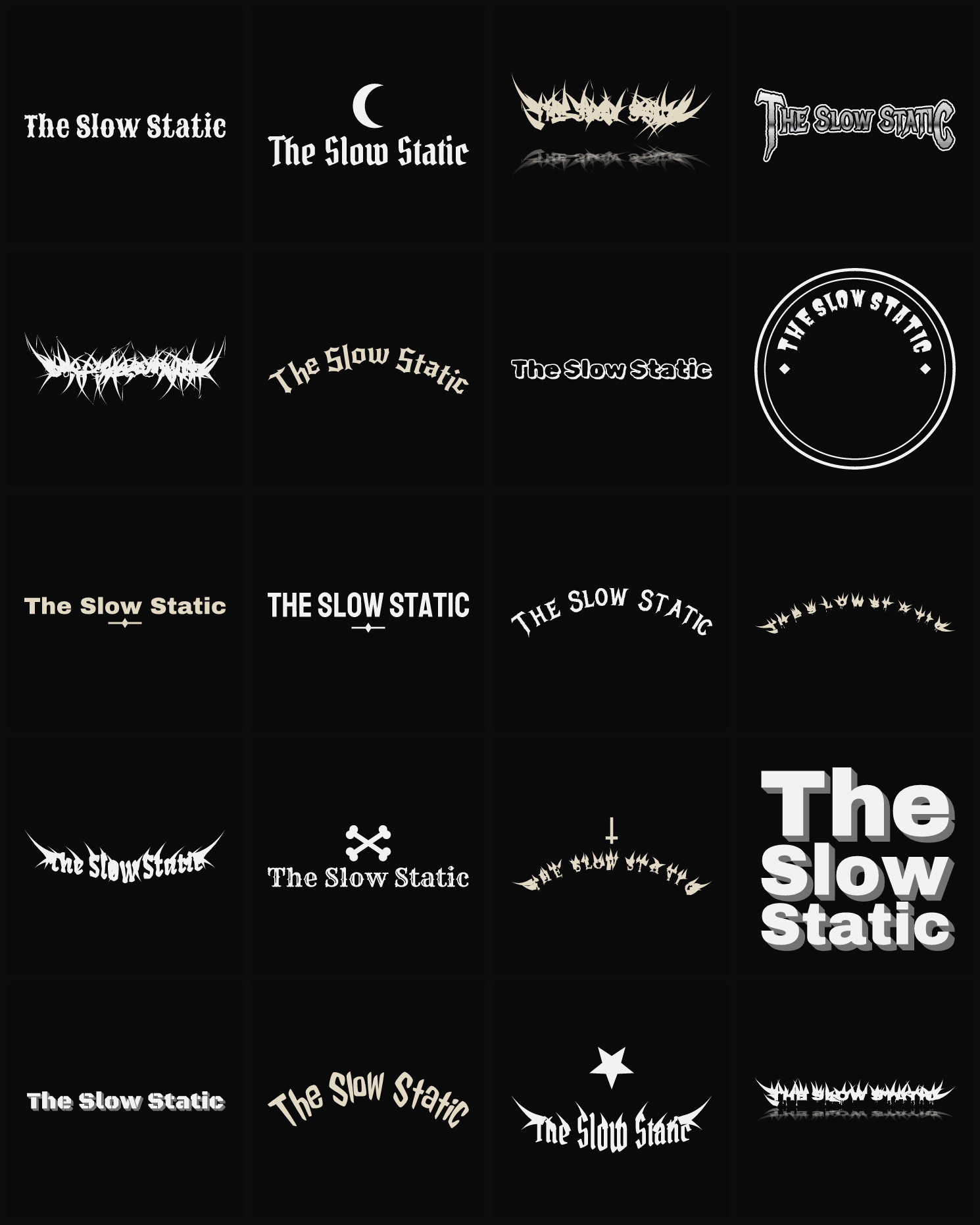 Twenty The Slow Static band logo ideas — different faces, treatments and spike settings
