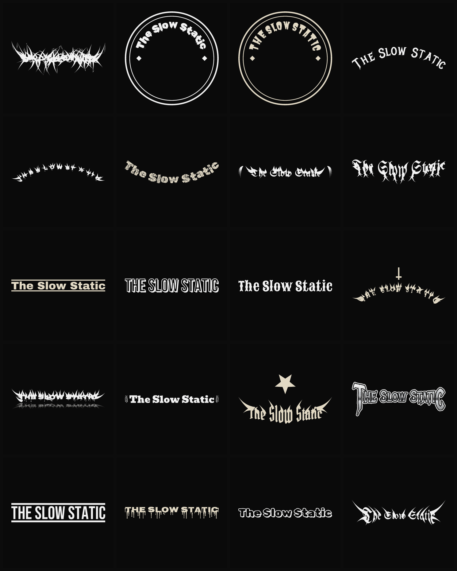 Twenty The Slow Static band logo ideas — different faces, treatments and spike settings