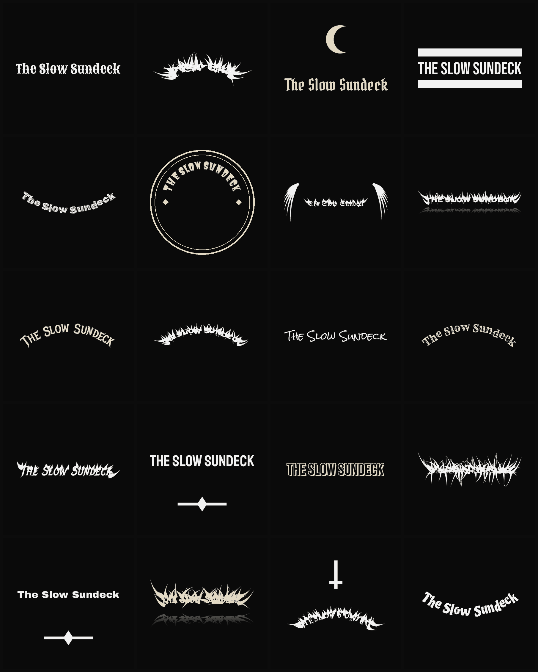 Twenty The Slow Sundeck band logo ideas — different faces, treatments and spike settings