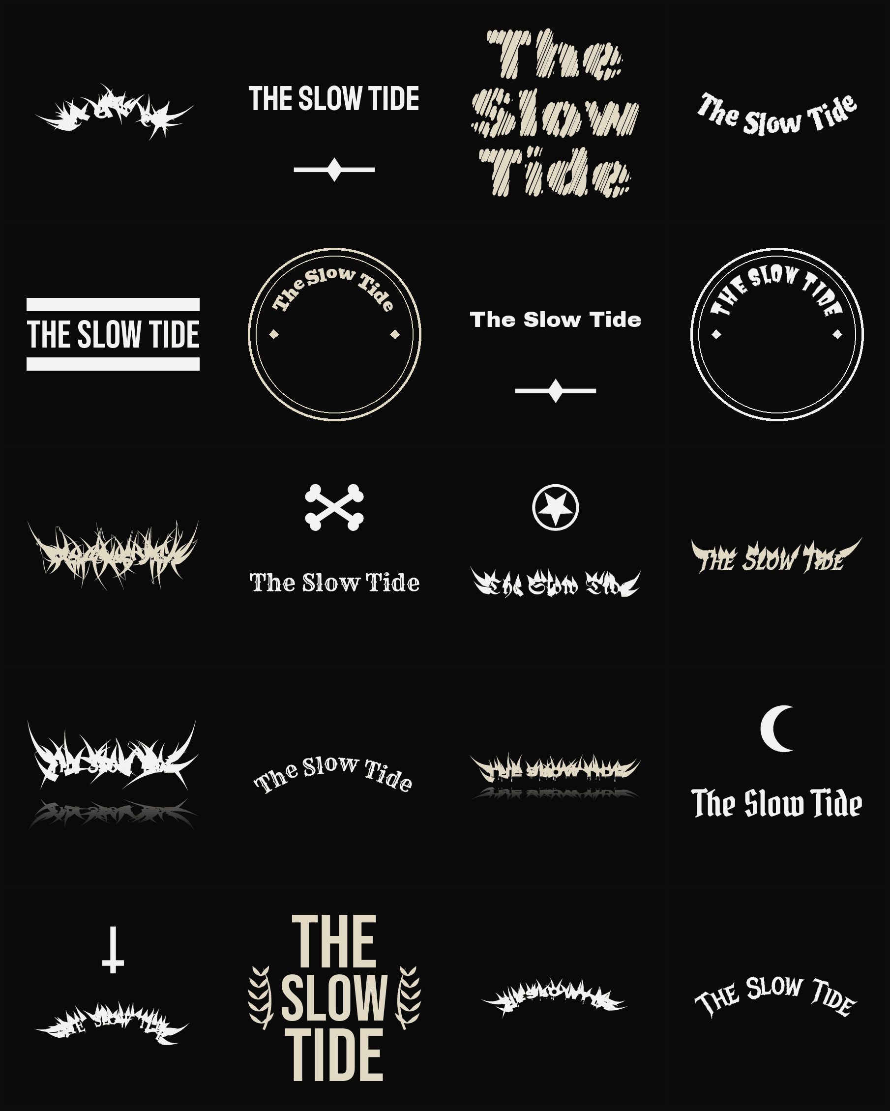 Twenty The Slow Tide band logo ideas — different faces, treatments and spike settings