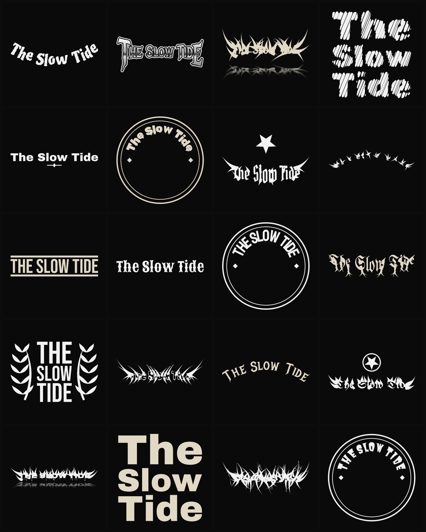 Twenty The Slow Tide band logo ideas — different faces, treatments and spike settings