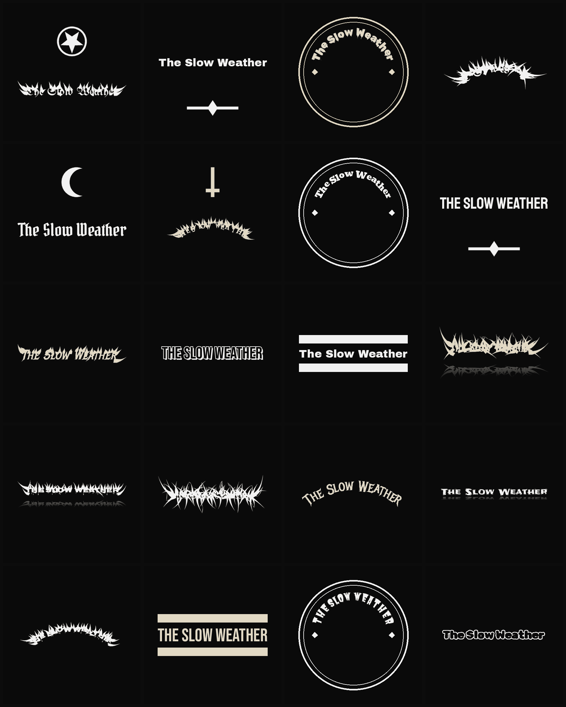 Twenty The Slow Weather band logo ideas — different faces, treatments and spike settings