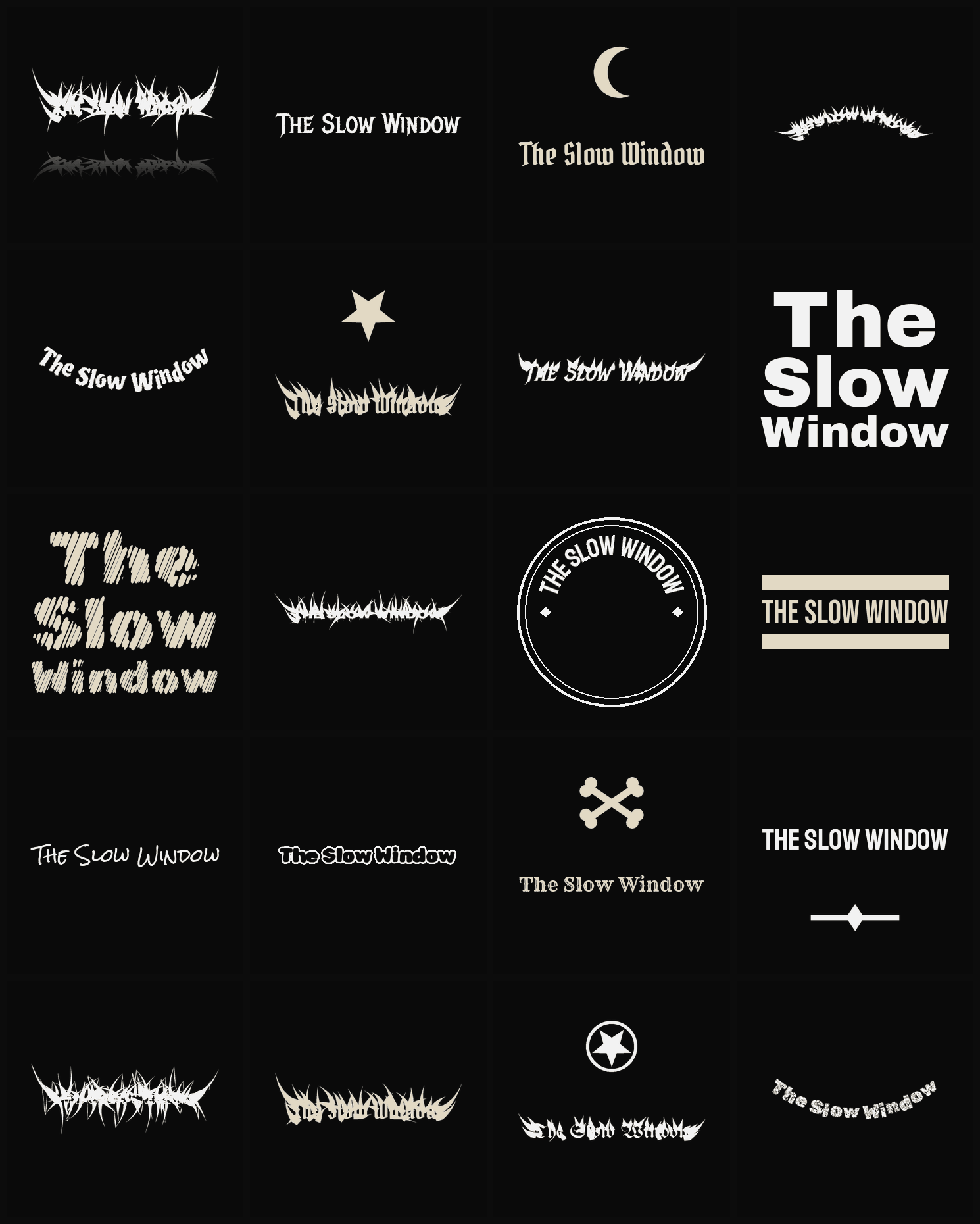 Twenty The Slow Window band logo ideas — different faces, treatments and spike settings