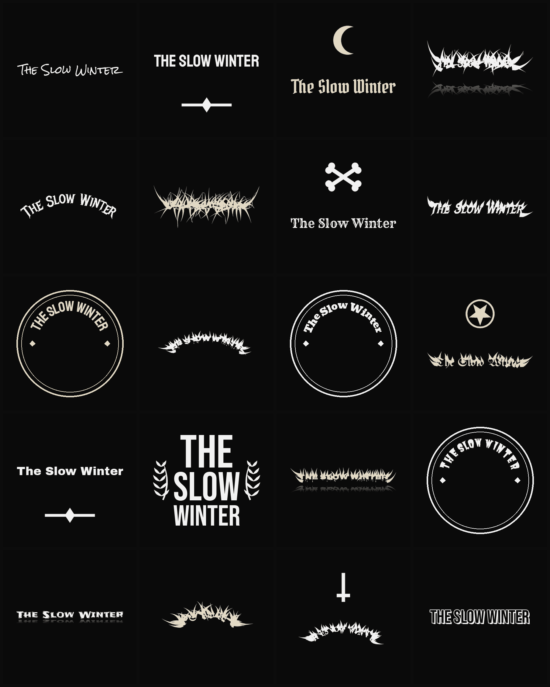 Twenty The Slow Winter band logo ideas — different faces, treatments and spike settings