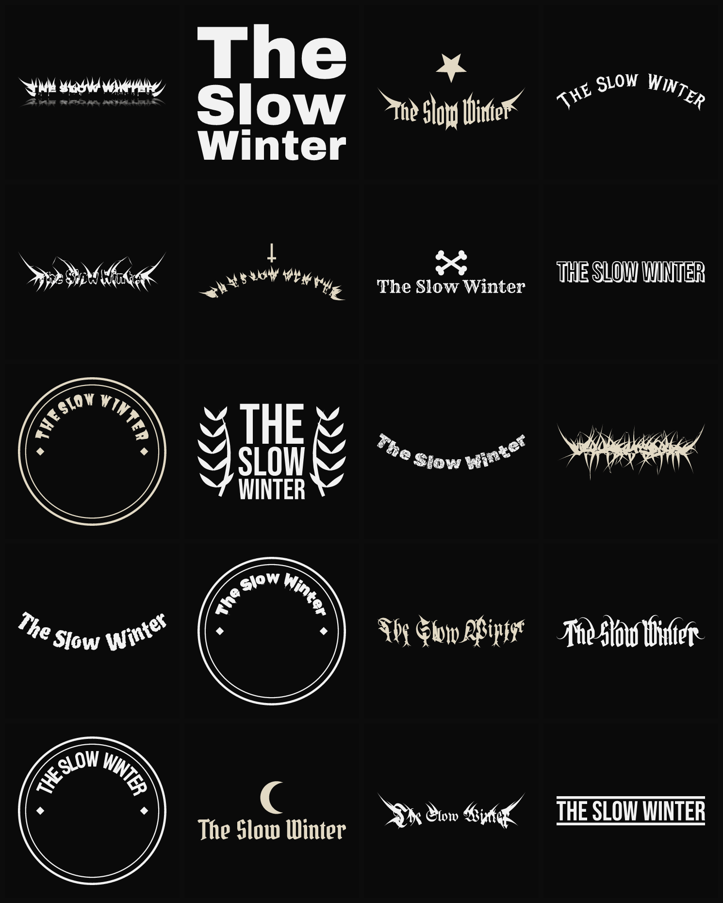 Twenty The Slow Winter band logo ideas — different faces, treatments and spike settings