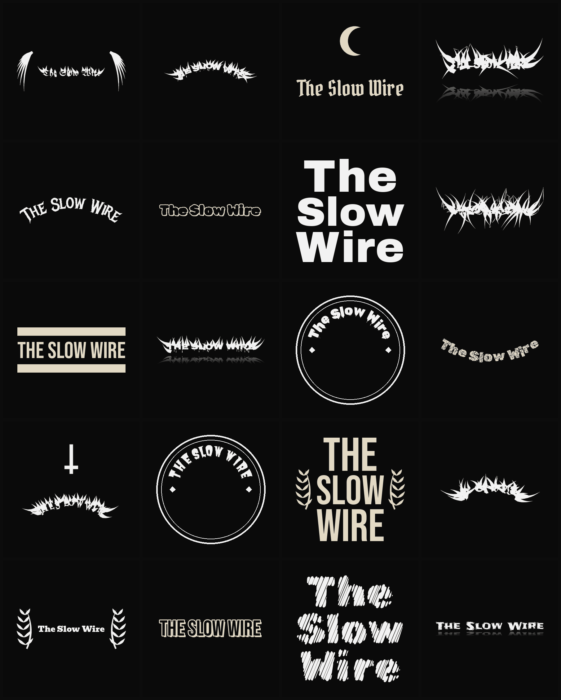 Twenty The Slow Wire band logo ideas — different faces, treatments and spike settings