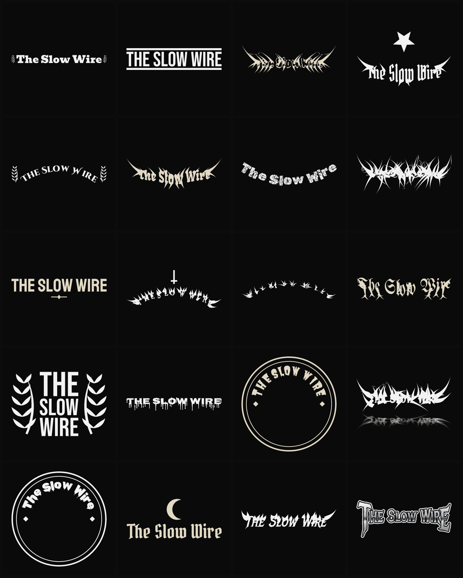 Twenty The Slow Wire band logo ideas — different faces, treatments and spike settings