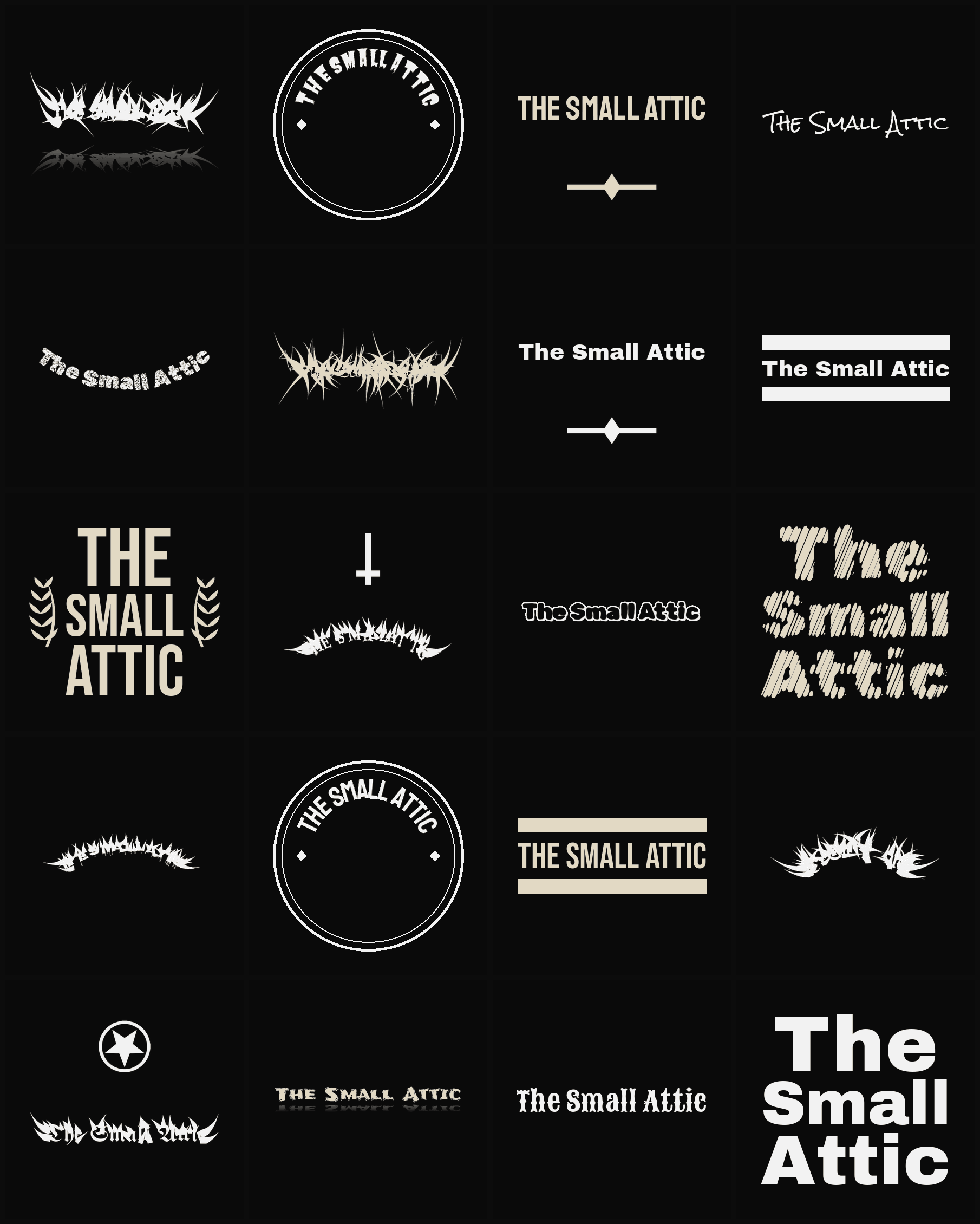Twenty The Small Attic band logo ideas — different faces, treatments and spike settings