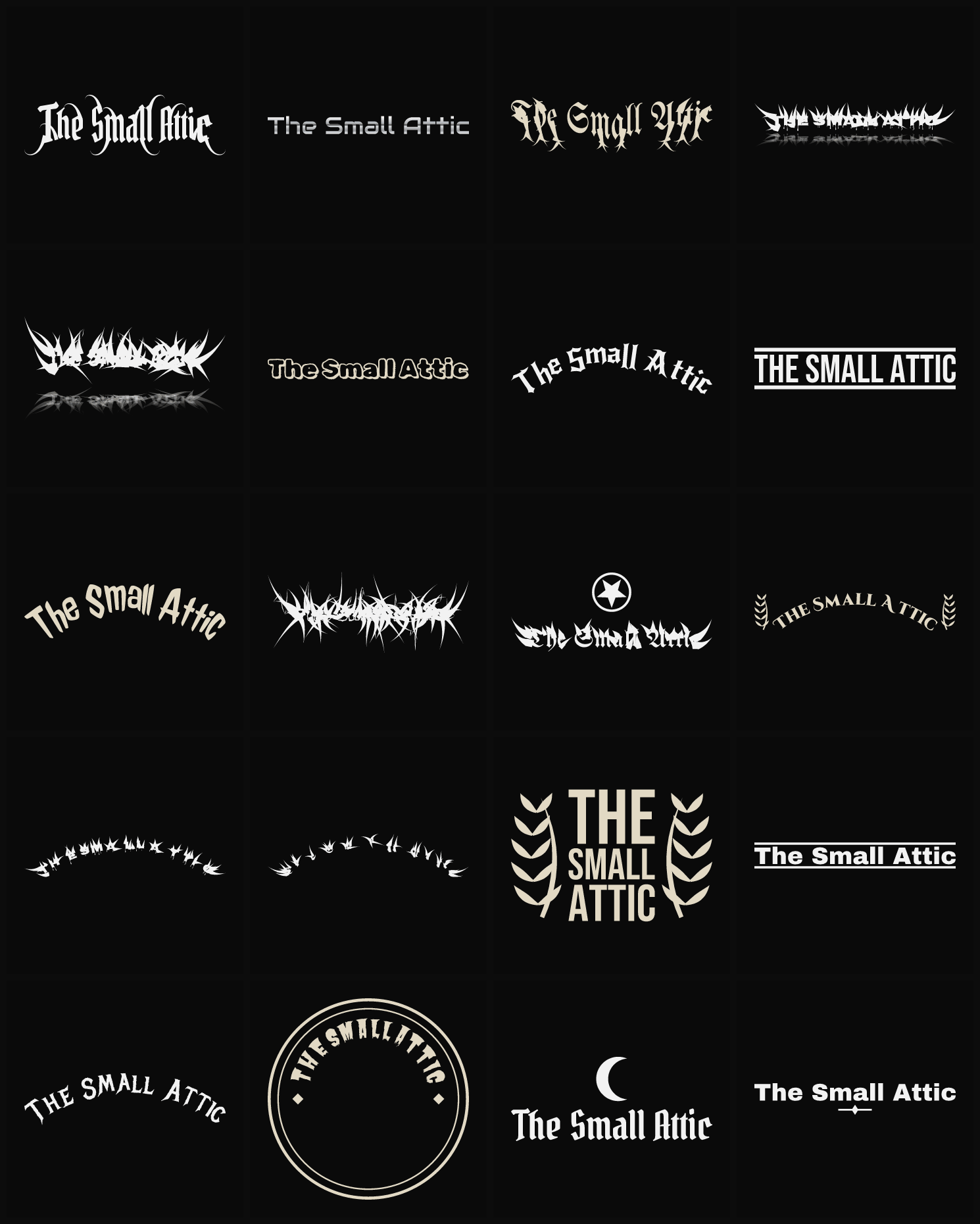 Twenty The Small Attic band logo ideas — different faces, treatments and spike settings