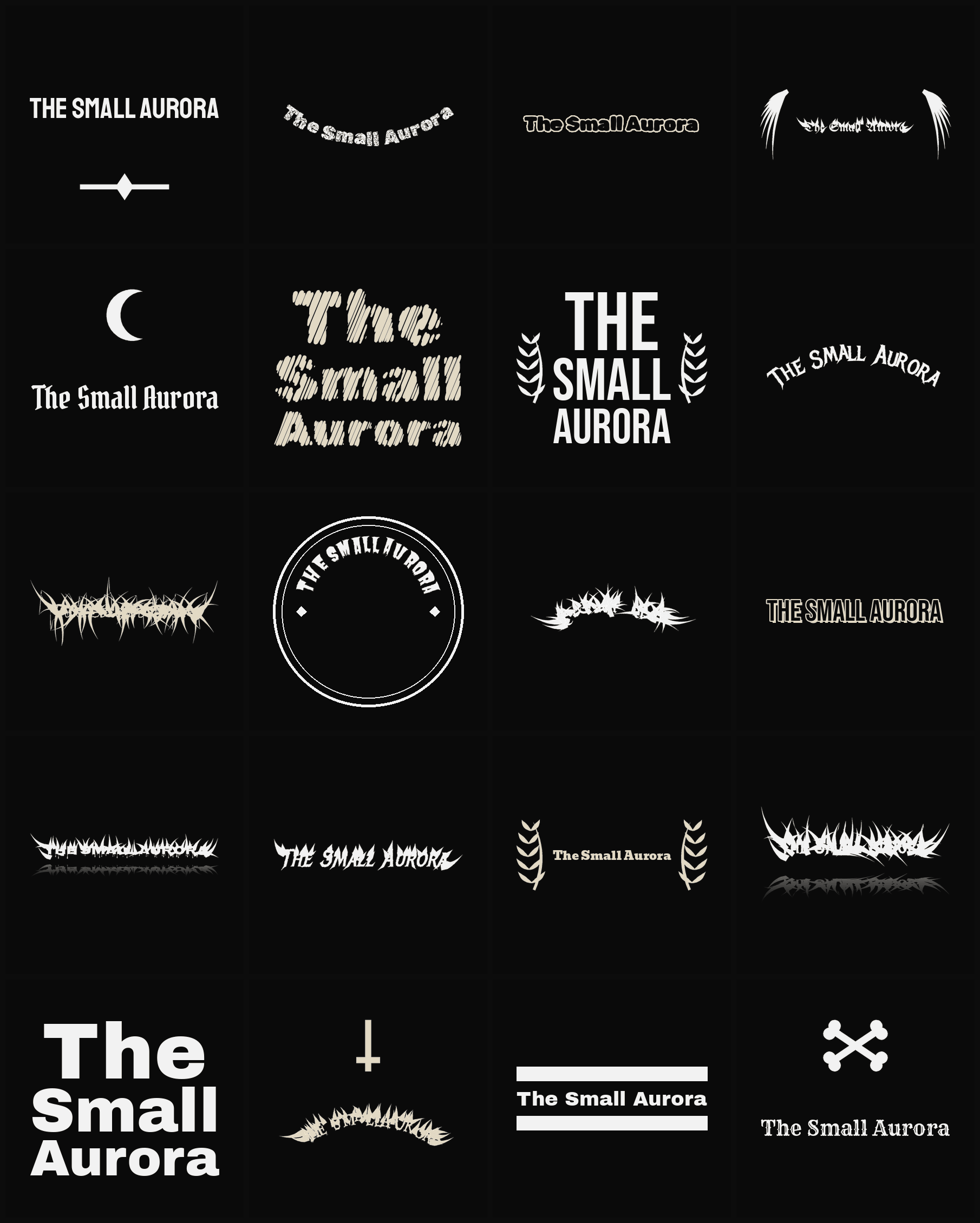 Twenty The Small Aurora band logo ideas — different faces, treatments and spike settings