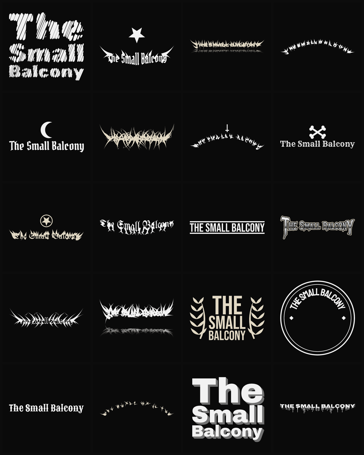 Twenty The Small Balcony band logo ideas — different faces, treatments and spike settings