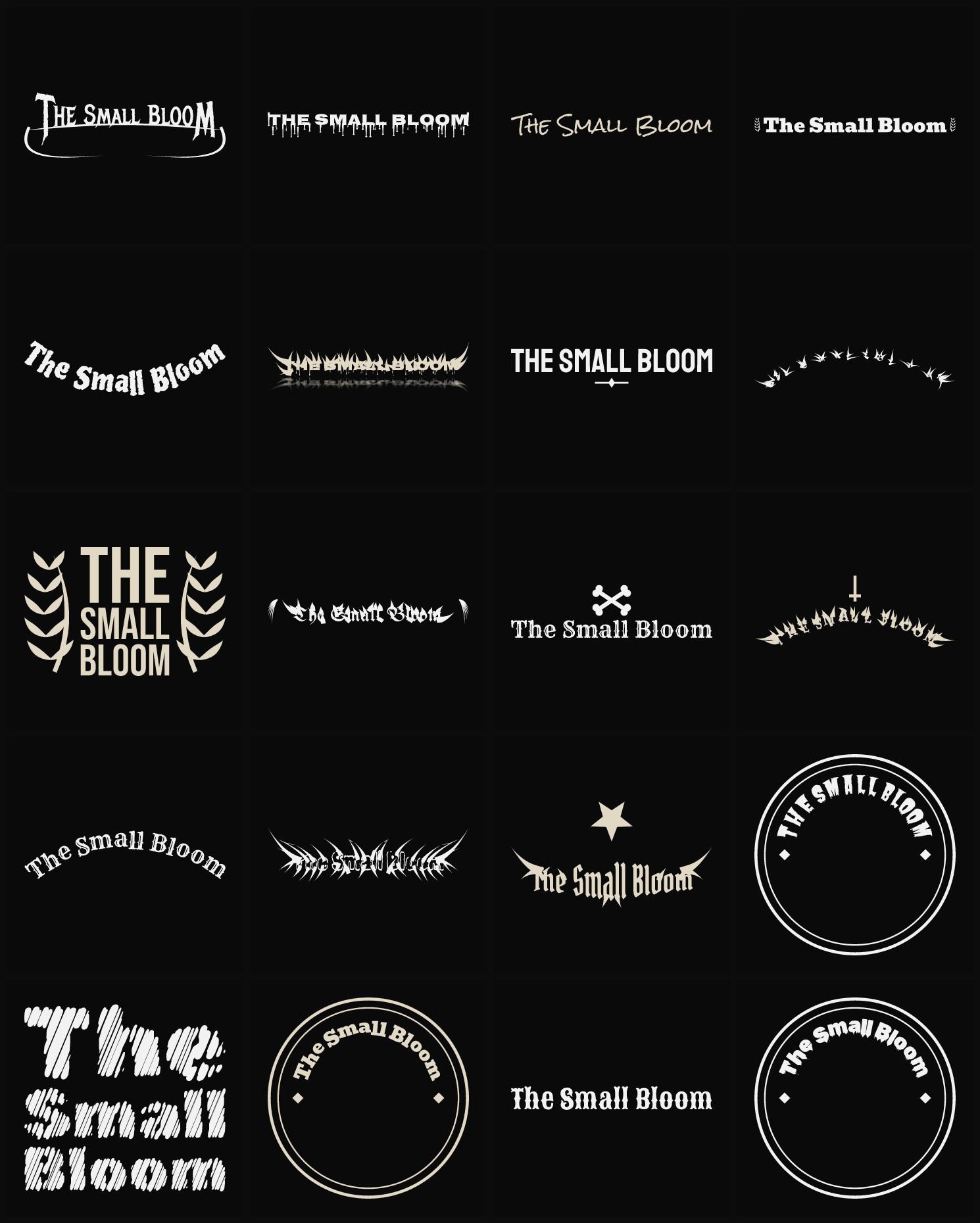 Twenty The Small Bloom band logo ideas — different faces, treatments and spike settings