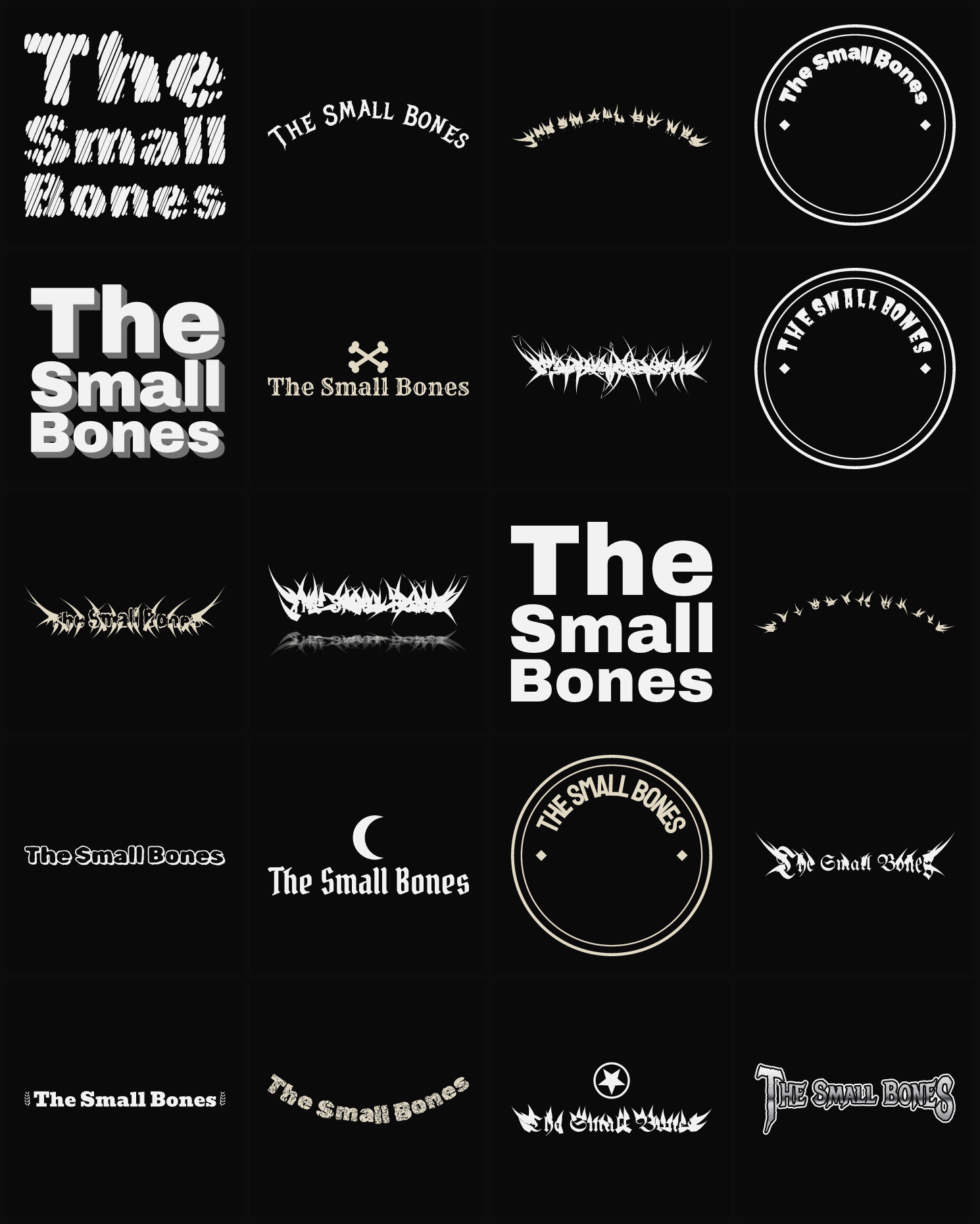 Twenty The Small Bones band logo ideas — different faces, treatments and spike settings