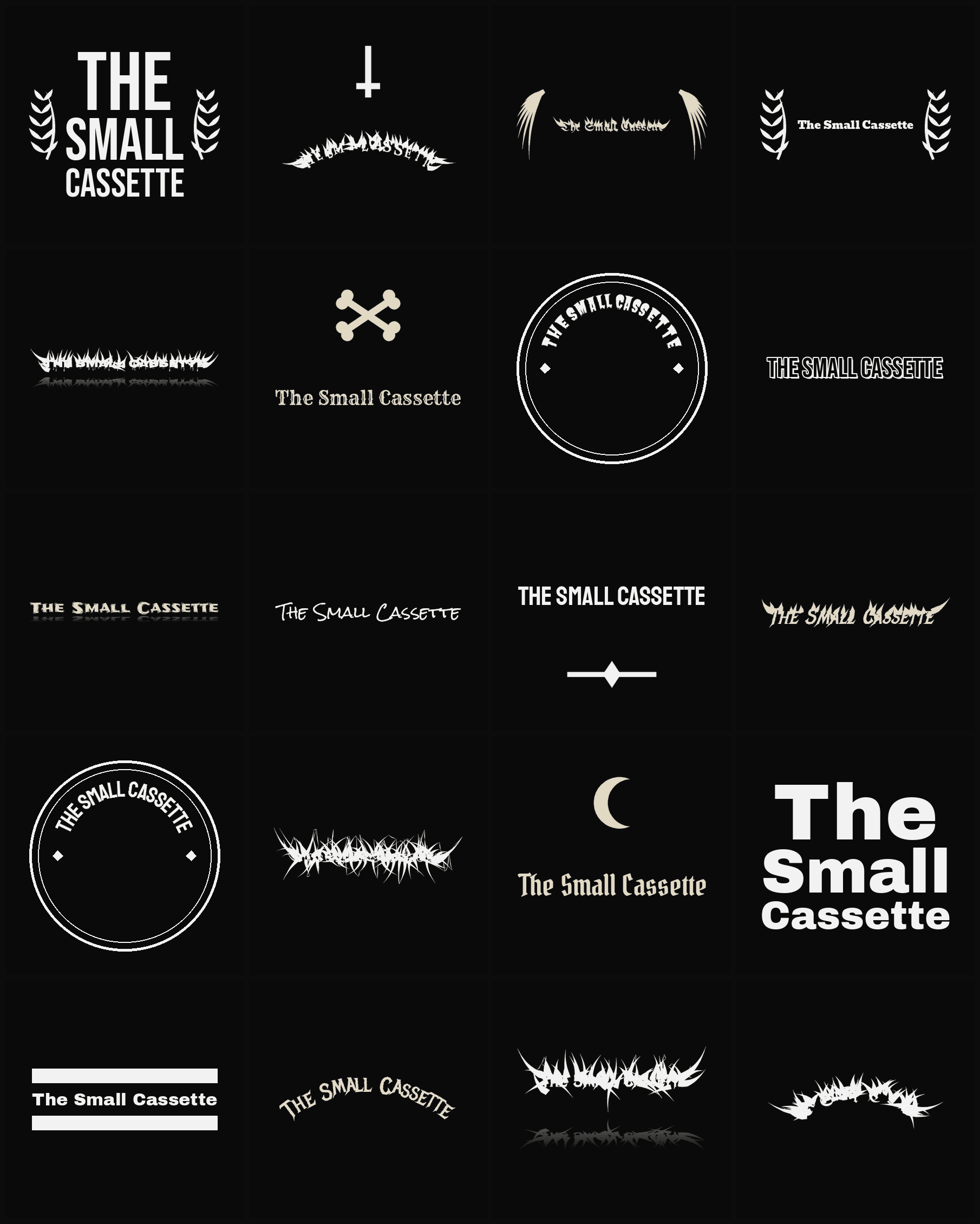 Twenty The Small Cassette band logo ideas — different faces, treatments and spike settings