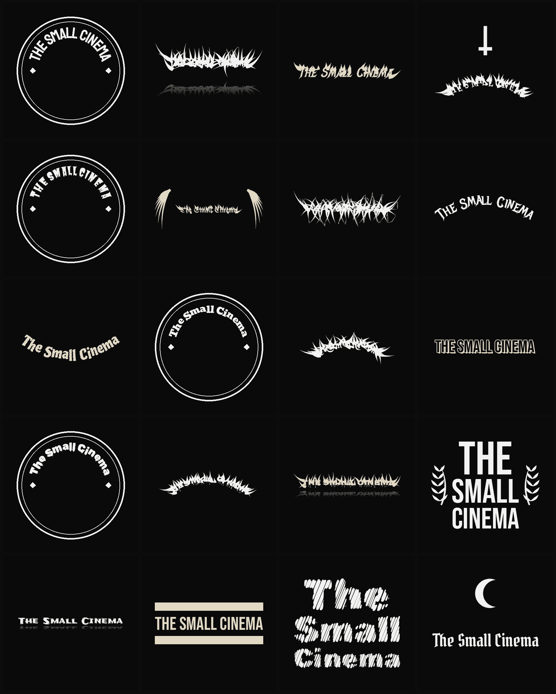 Twenty The Small Cinema band logo ideas — different faces, treatments and spike settings