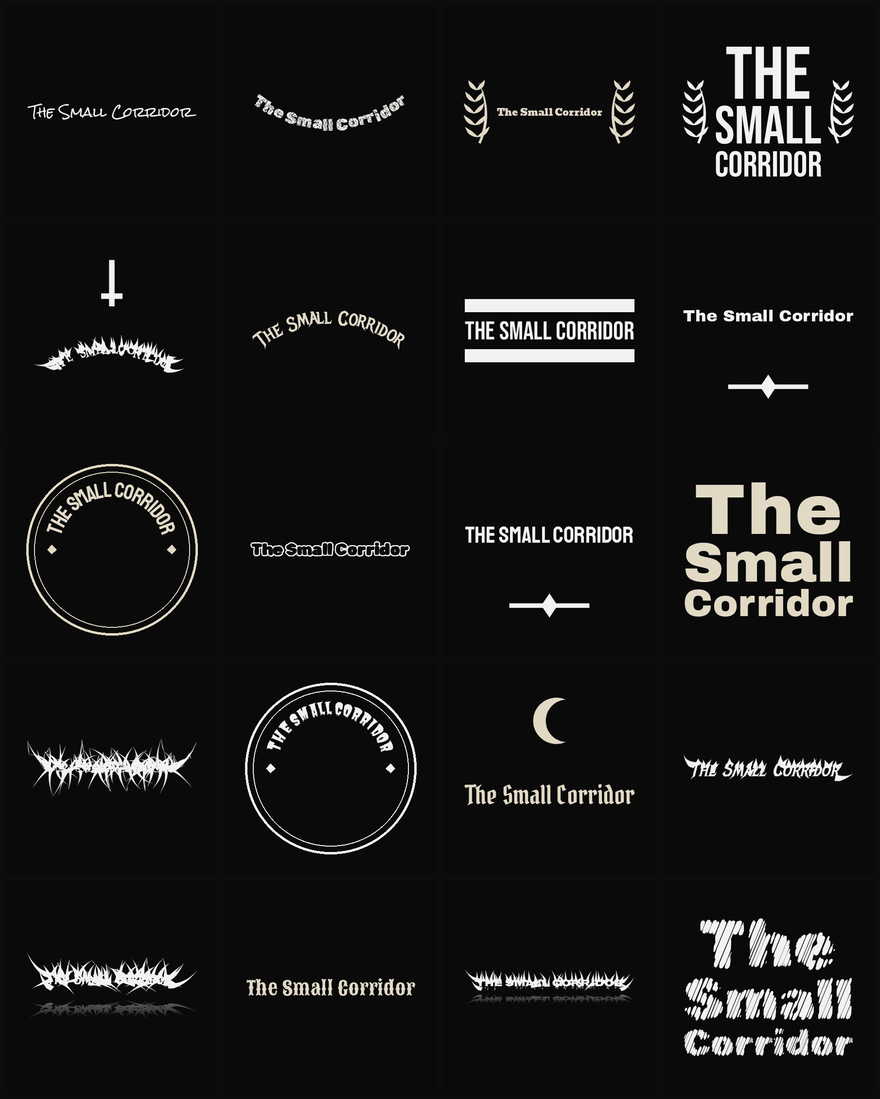 Twenty The Small Corridor band logo ideas — different faces, treatments and spike settings
