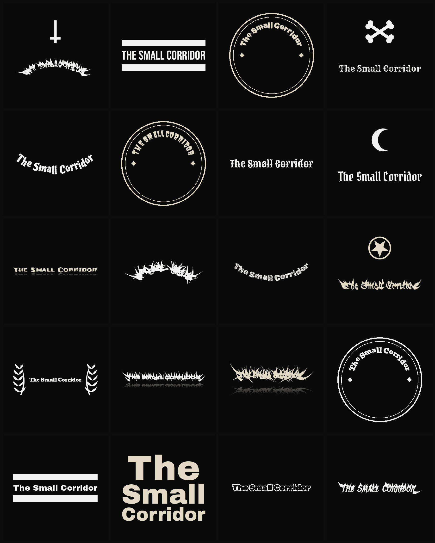 Twenty The Small Corridor band logo ideas — different faces, treatments and spike settings