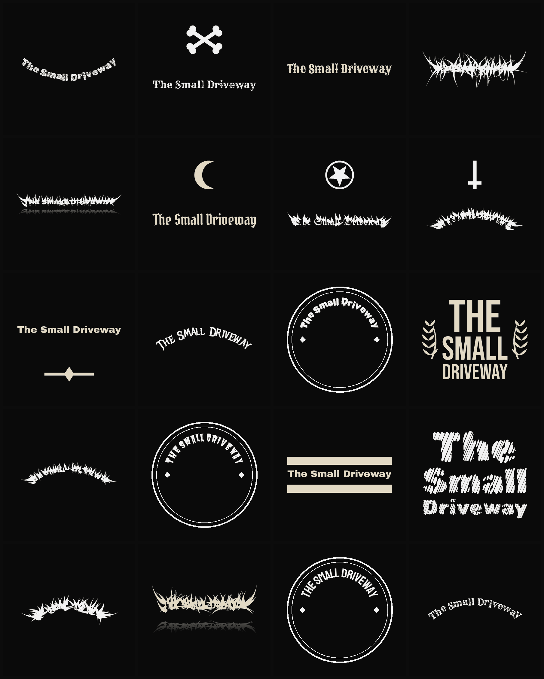 Twenty The Small Driveway band logo ideas — different faces, treatments and spike settings