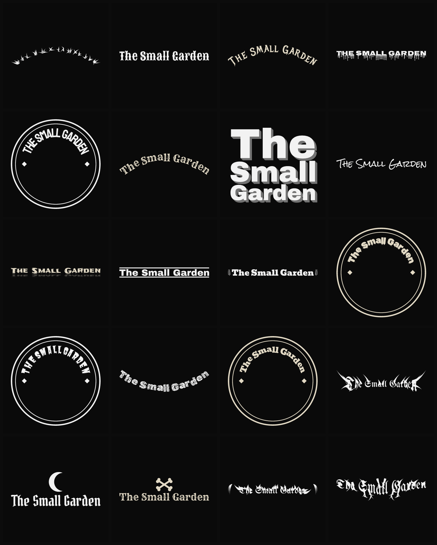Twenty The Small Garden band logo ideas — different faces, treatments and spike settings