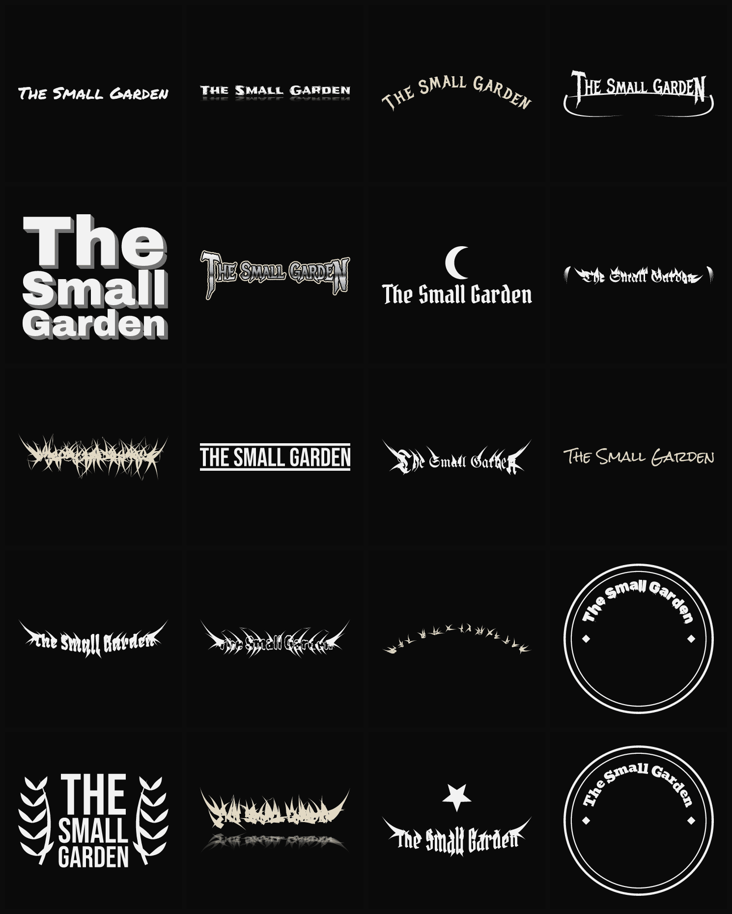Twenty The Small Garden band logo ideas — different faces, treatments and spike settings