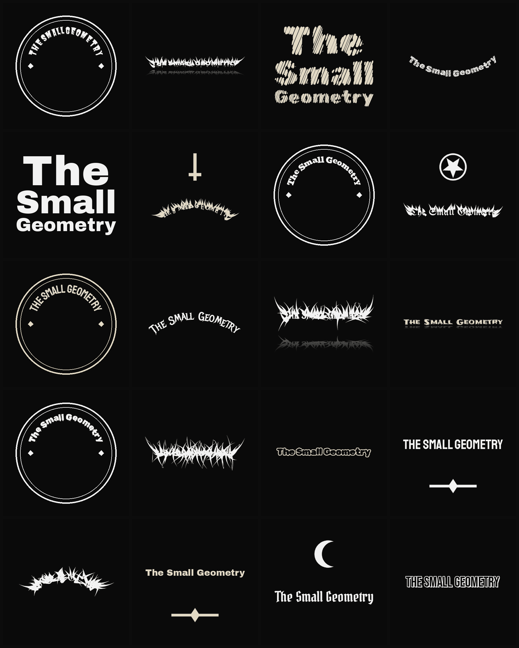 Twenty The Small Geometry band logo ideas — different faces, treatments and spike settings
