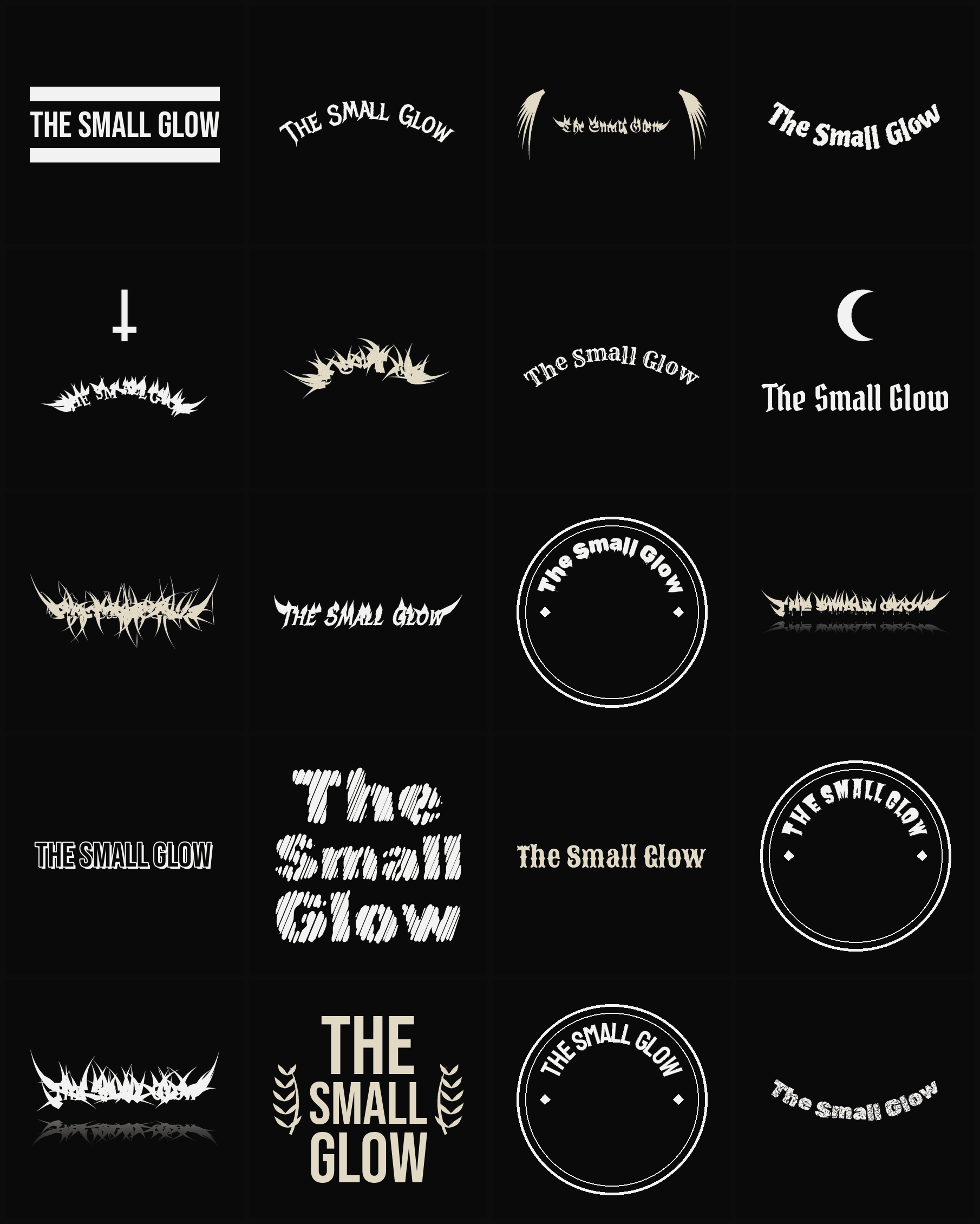 Twenty The Small Glow band logo ideas — different faces, treatments and spike settings