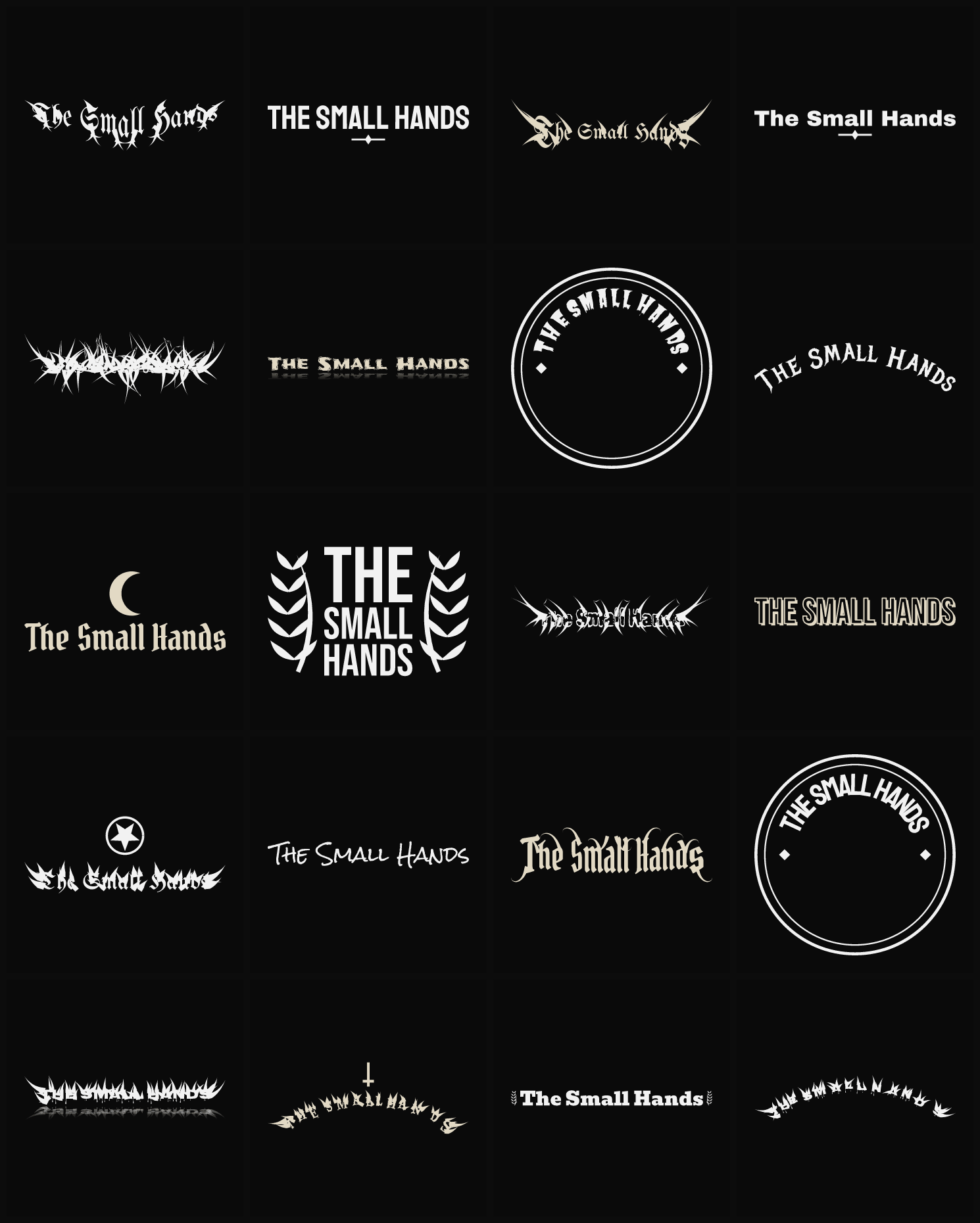 Twenty The Small Hands band logo ideas — different faces, treatments and spike settings