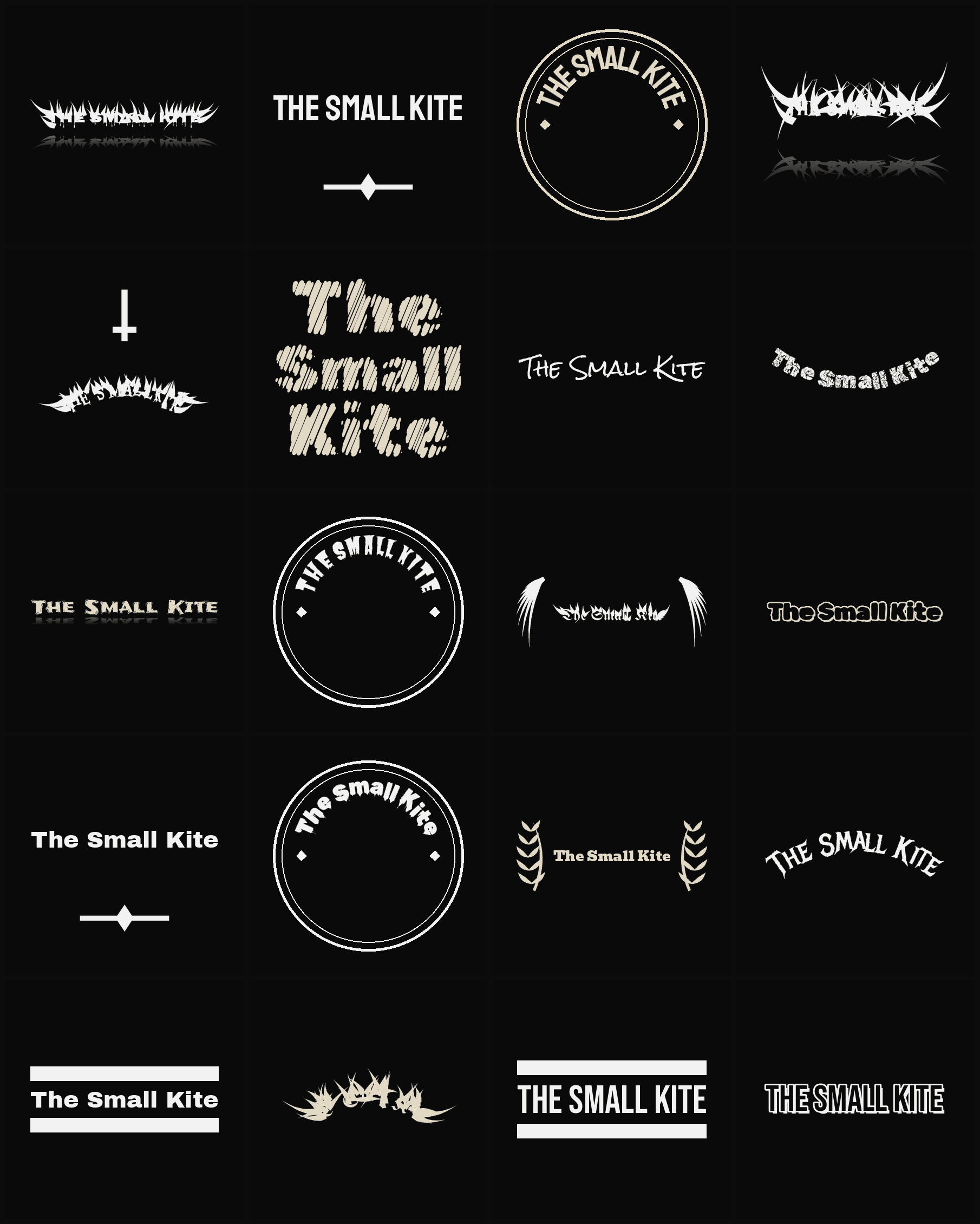 Twenty The Small Kite band logo ideas — different faces, treatments and spike settings