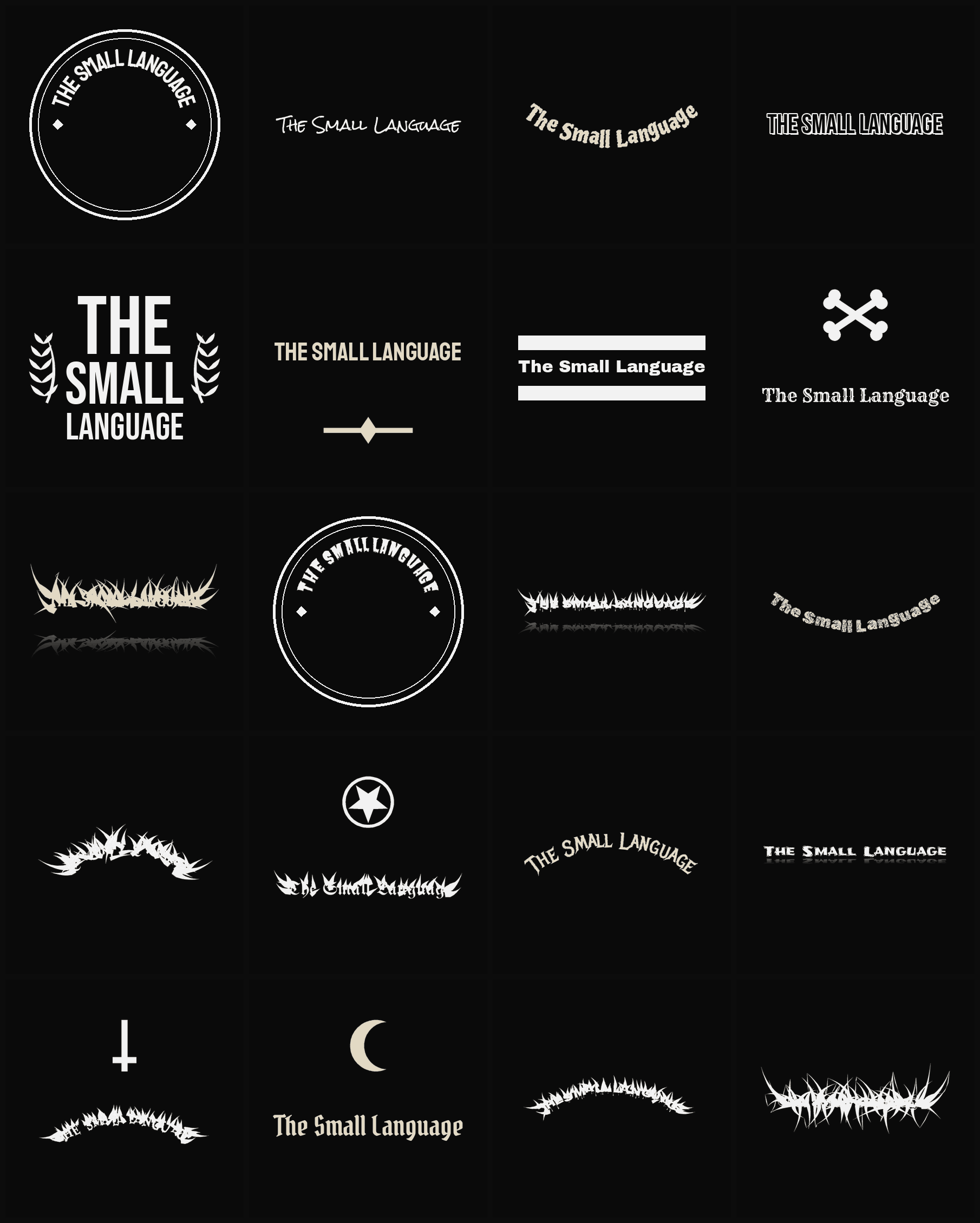 Twenty The Small Language band logo ideas — different faces, treatments and spike settings
