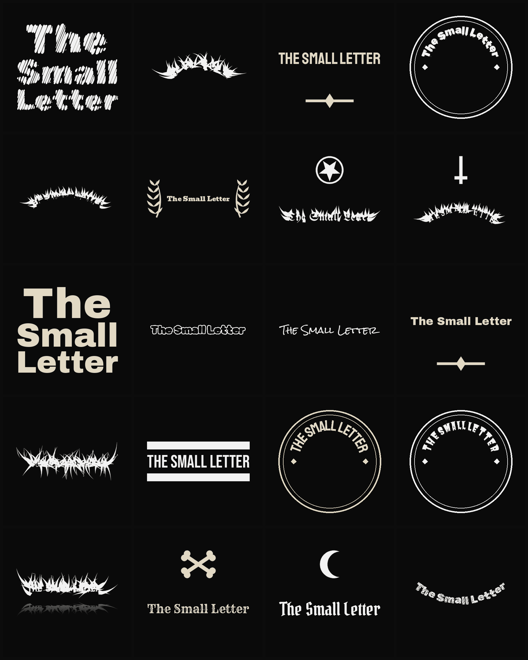 Twenty The Small Letter band logo ideas — different faces, treatments and spike settings