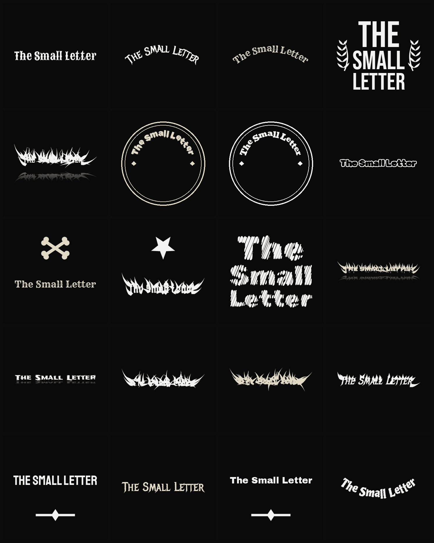Twenty The Small Letter band logo ideas — different faces, treatments and spike settings