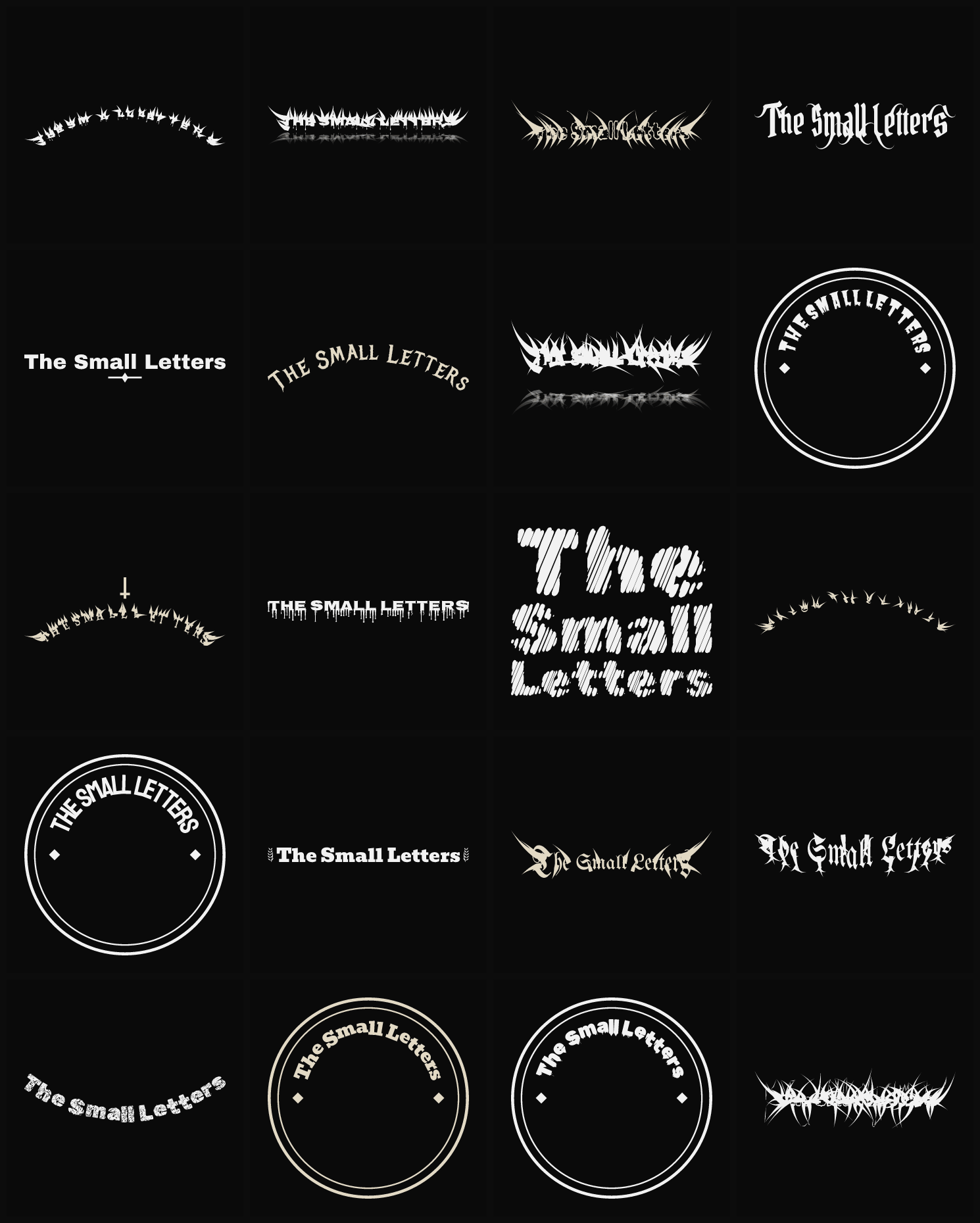 Twenty The Small Letters band logo ideas — different faces, treatments and spike settings