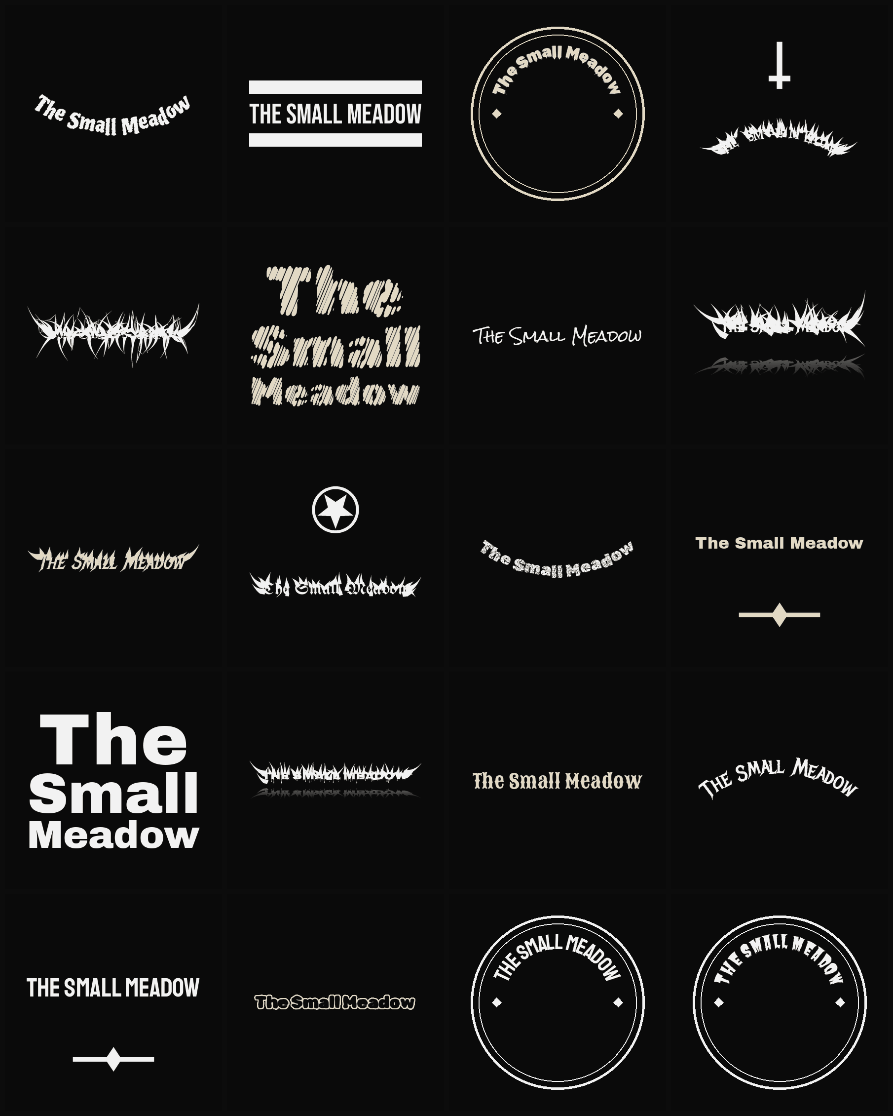Twenty The Small Meadow band logo ideas — different faces, treatments and spike settings