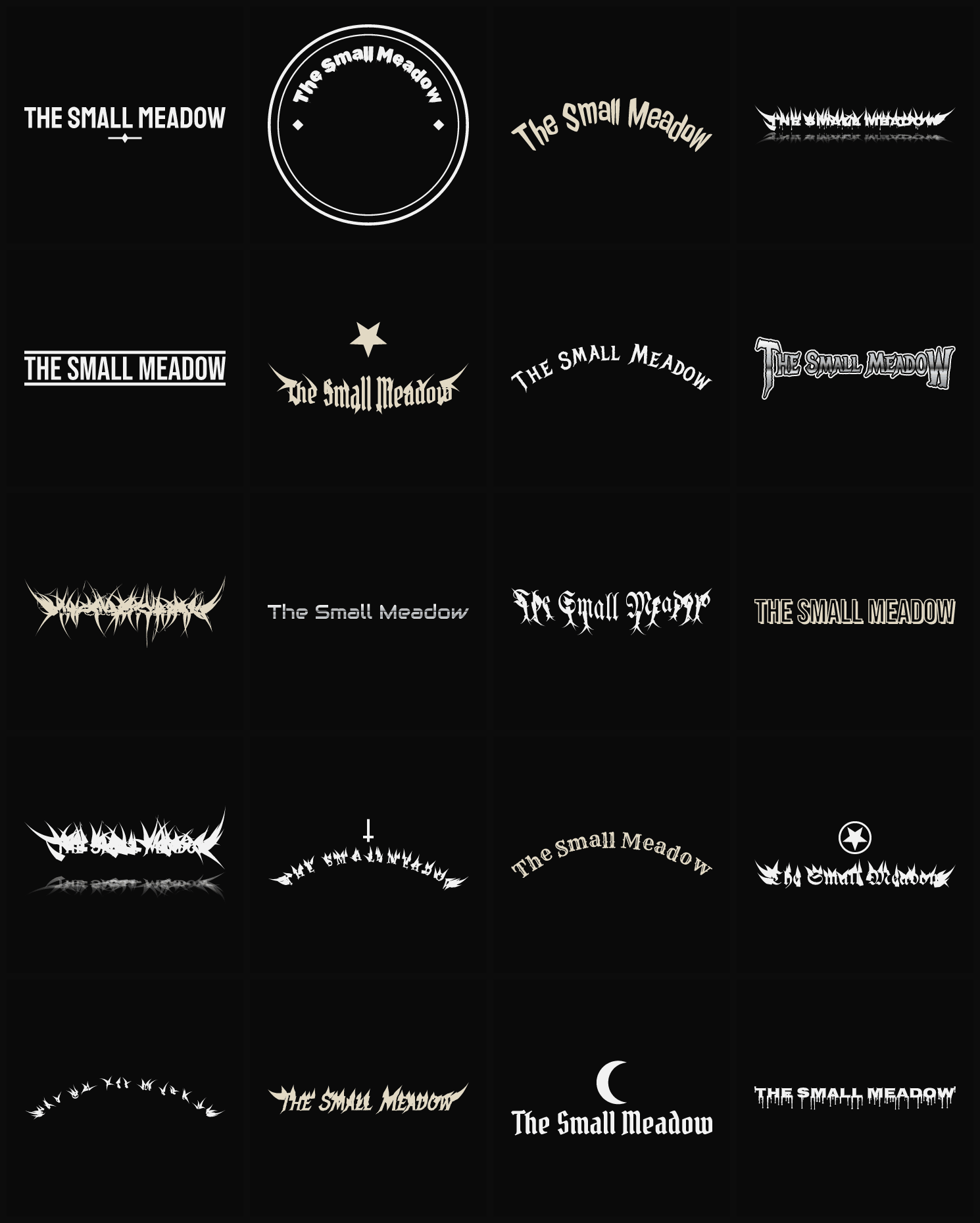 Twenty The Small Meadow band logo ideas — different faces, treatments and spike settings