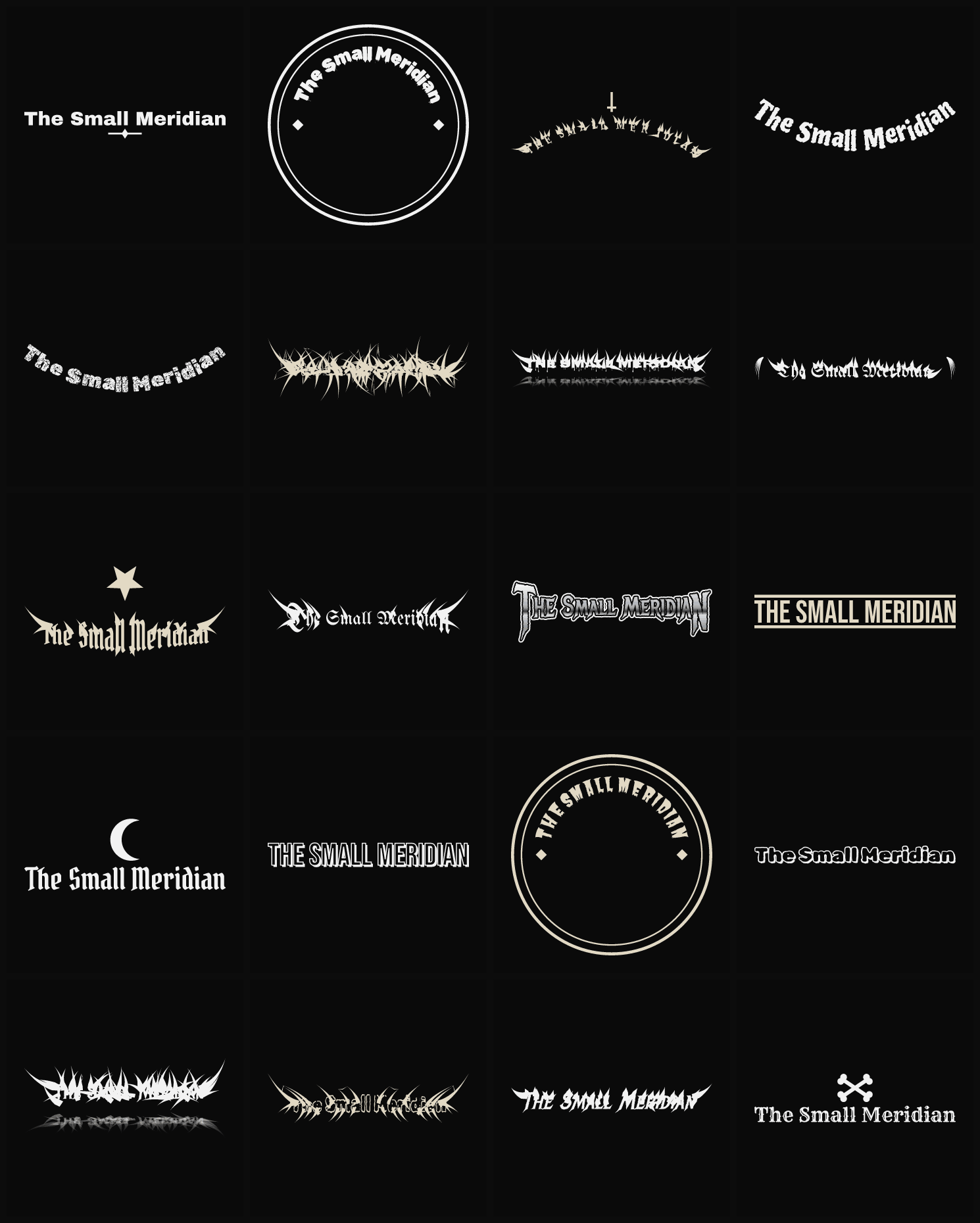 Twenty The Small Meridian band logo ideas — different faces, treatments and spike settings