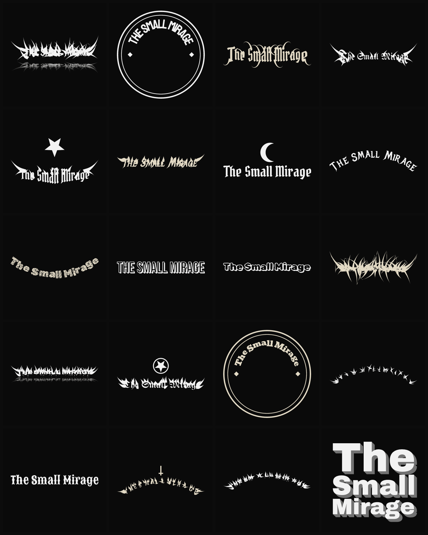 Twenty The Small Mirage band logo ideas — different faces, treatments and spike settings