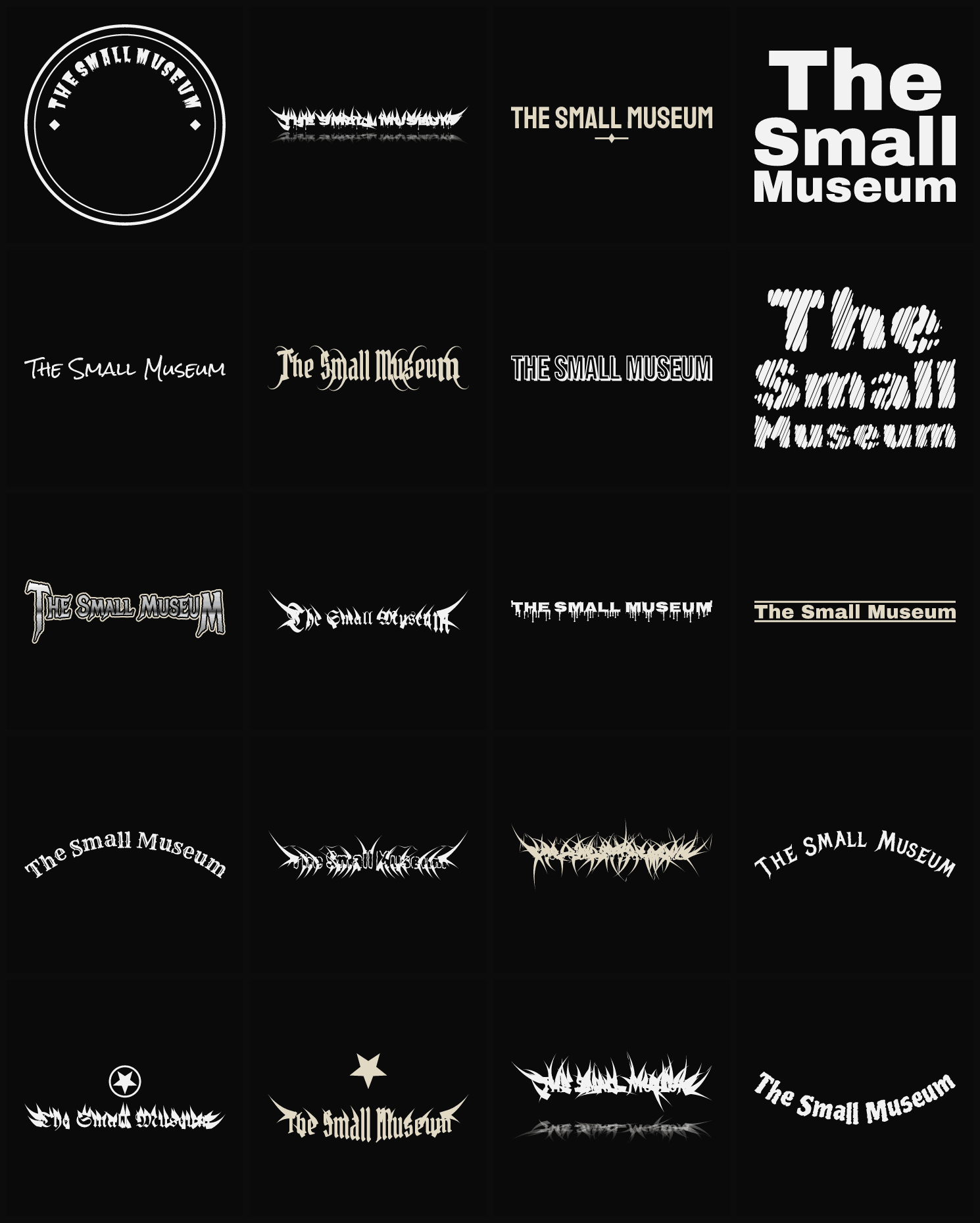 Twenty The Small Museum band logo ideas — different faces, treatments and spike settings