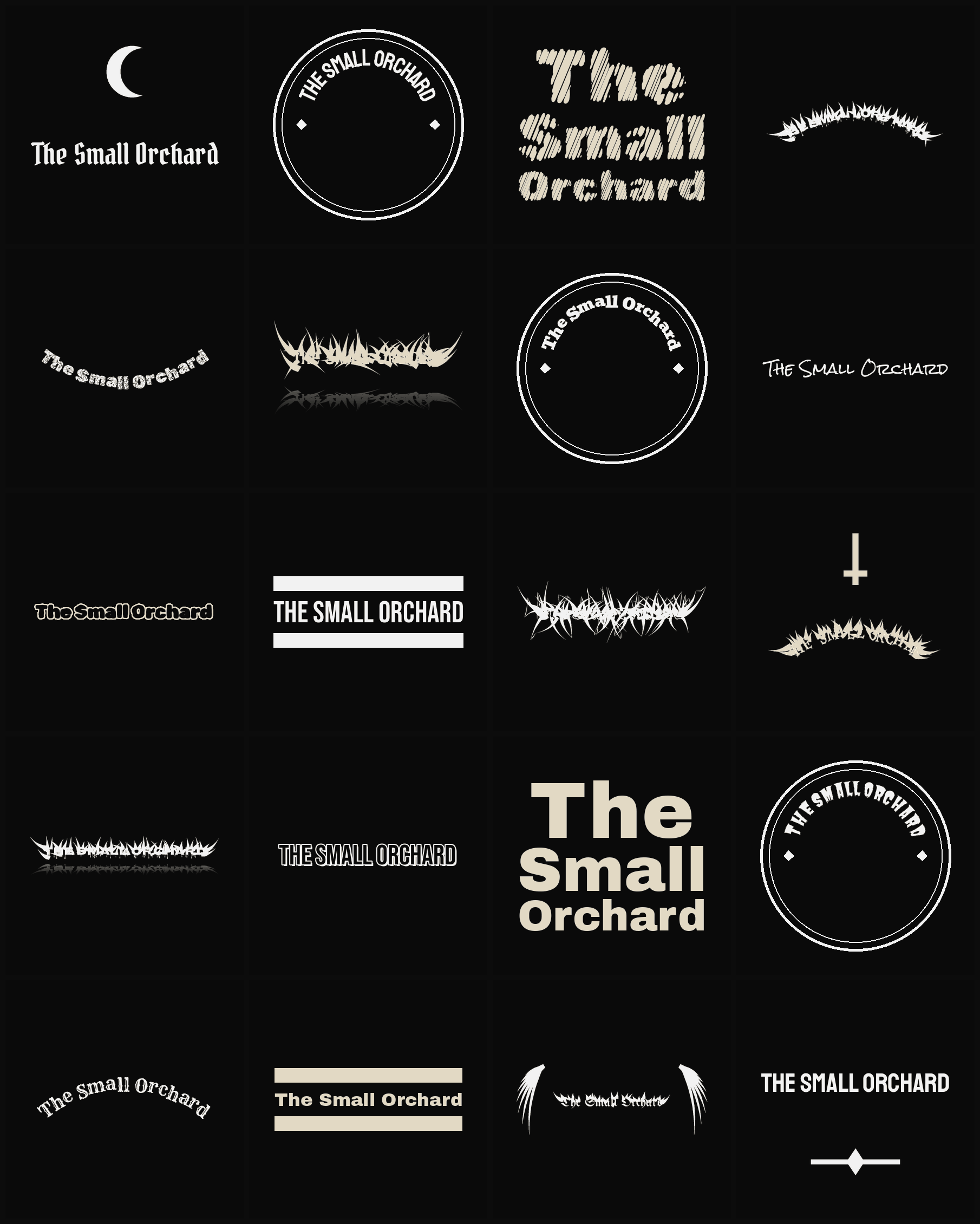 Twenty The Small Orchard band logo ideas — different faces, treatments and spike settings