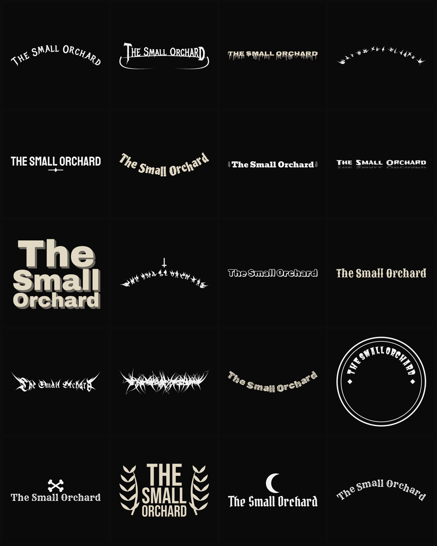 Twenty The Small Orchard band logo ideas — different faces, treatments and spike settings