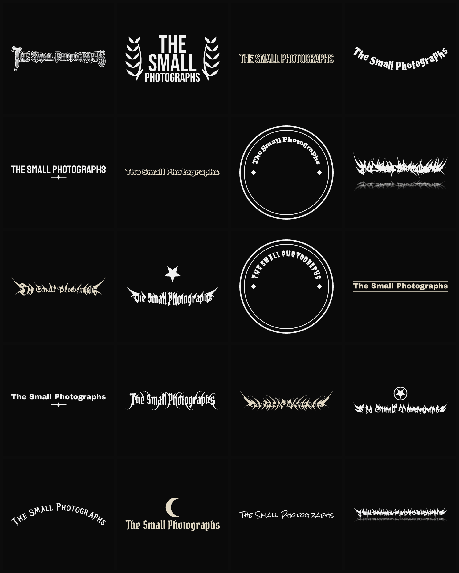 Twenty The Small Photographs band logo ideas — different faces, treatments and spike settings