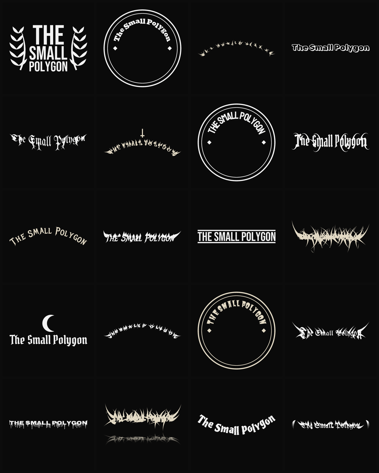 Twenty The Small Polygon band logo ideas — different faces, treatments and spike settings